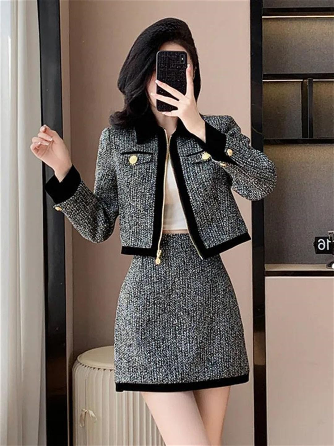 Women Tweed Two Piece Set Thick Jacket Skirt Casual Outfit