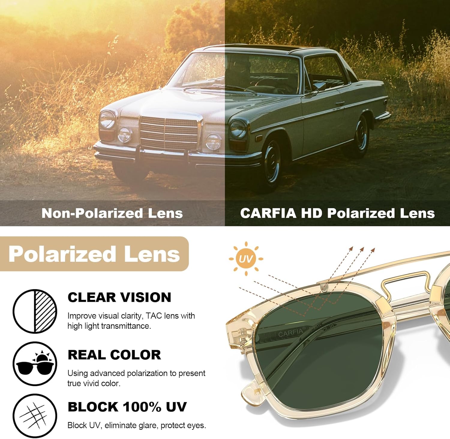 CARFIA Retro Polarized Sunglasses Womens UV400 Protection, Unique Double Metal Bridge, Premium Square Acetate Shades