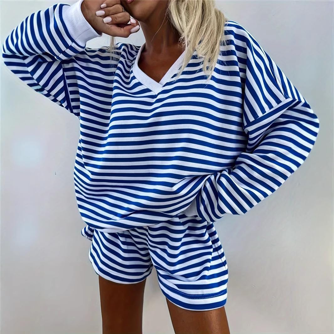 Melliflo Women 2 Piece Outfits Lounge Sets Striped Print Long Sleeve V Neck Sweatshirt and Shorts Set Sweatsuit - Image 2