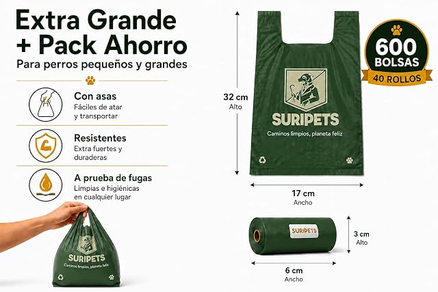 Foto 3 de 8 de SuriPets Bolsas para Perros con Asas - 600 Bolsas (40 Rollos) - Resistentes Antifugas 15 Micras