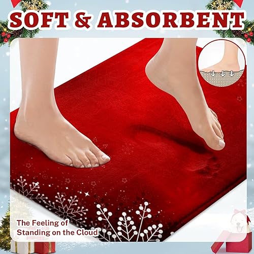 Miniatura 5 de ArtSocket Juego de 3 alfombras y tapetes de baño de Navidad, diseño de copos de nieve de árbol rojo de Navidad, antideslizantes, absorbentes de