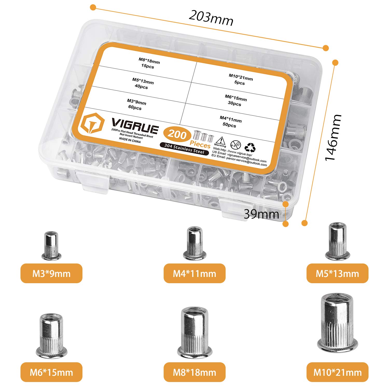VIGRUE Surtido de 200 tuercas de remache M3, M4, M5, M6, M8, M10, A2-70, acero inoxidable, herramienta de cabeza plana, rosca, remache, tuercas, surtido, con caja de almacenamiento