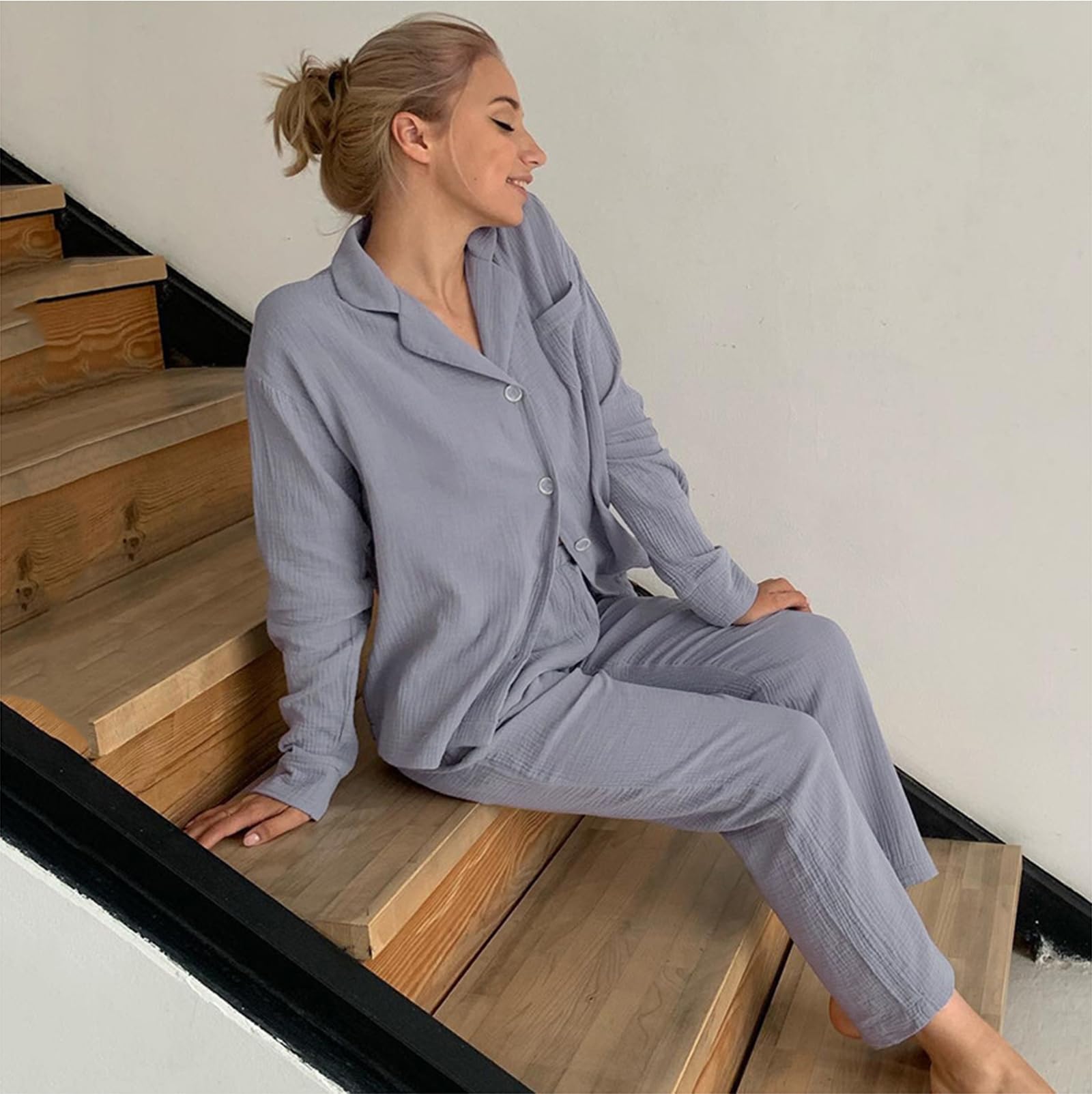 Piżama damska z długim rękawem, 2-częściowy zestaw bielizny nocnej Soft Loungewear Ladies Pjs Set with Pockets