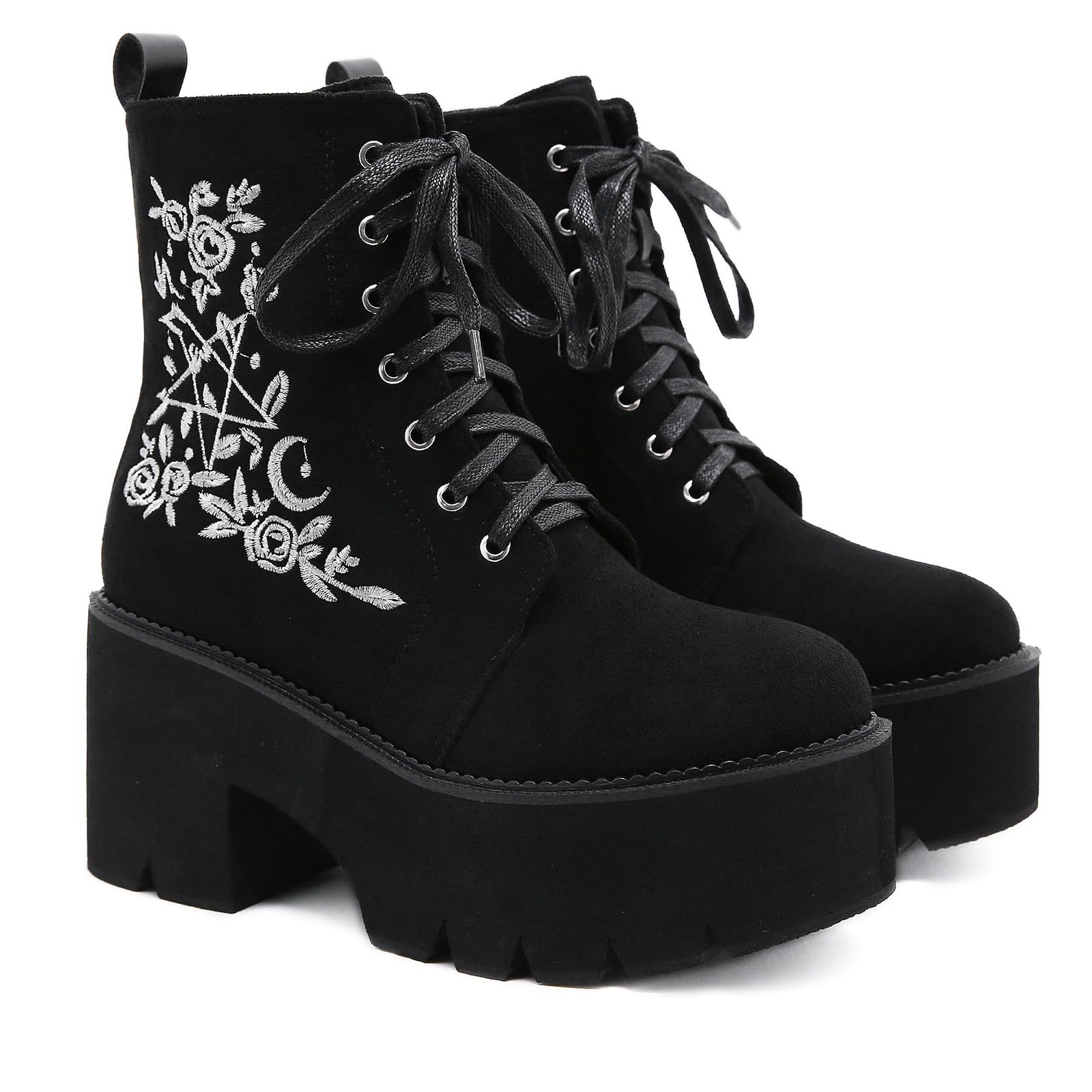 Womens Embroidery Suede Platform Goth Ankle Boots with Side Zipper Fashion Comfortable Round Toe Lace Up Chunky Heel