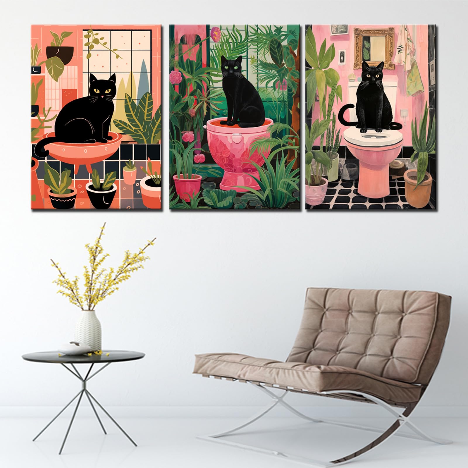 Pink Bathroom Animals Canvas Wall Art for Living Room Decor 3 Pieces Black Cat on the Toilet Wall Decor Artwork Lovely Bathroom Kitten Potted Plant Paintings Home Room Wall Pictures Framed 42''Wx20''H - Image 3