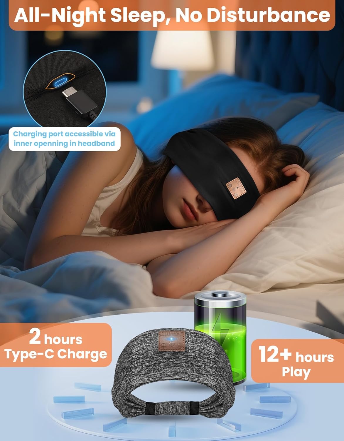 BULYPAZY 2PACK Sleeping Headphones, Headband Headphones, Bluetooth Headband with Thin Speakers, Wireless Earphones for Sports, Running, Workouts, Yoga, Air Travel, Meditation, Gift - Black&Gray - Image 4