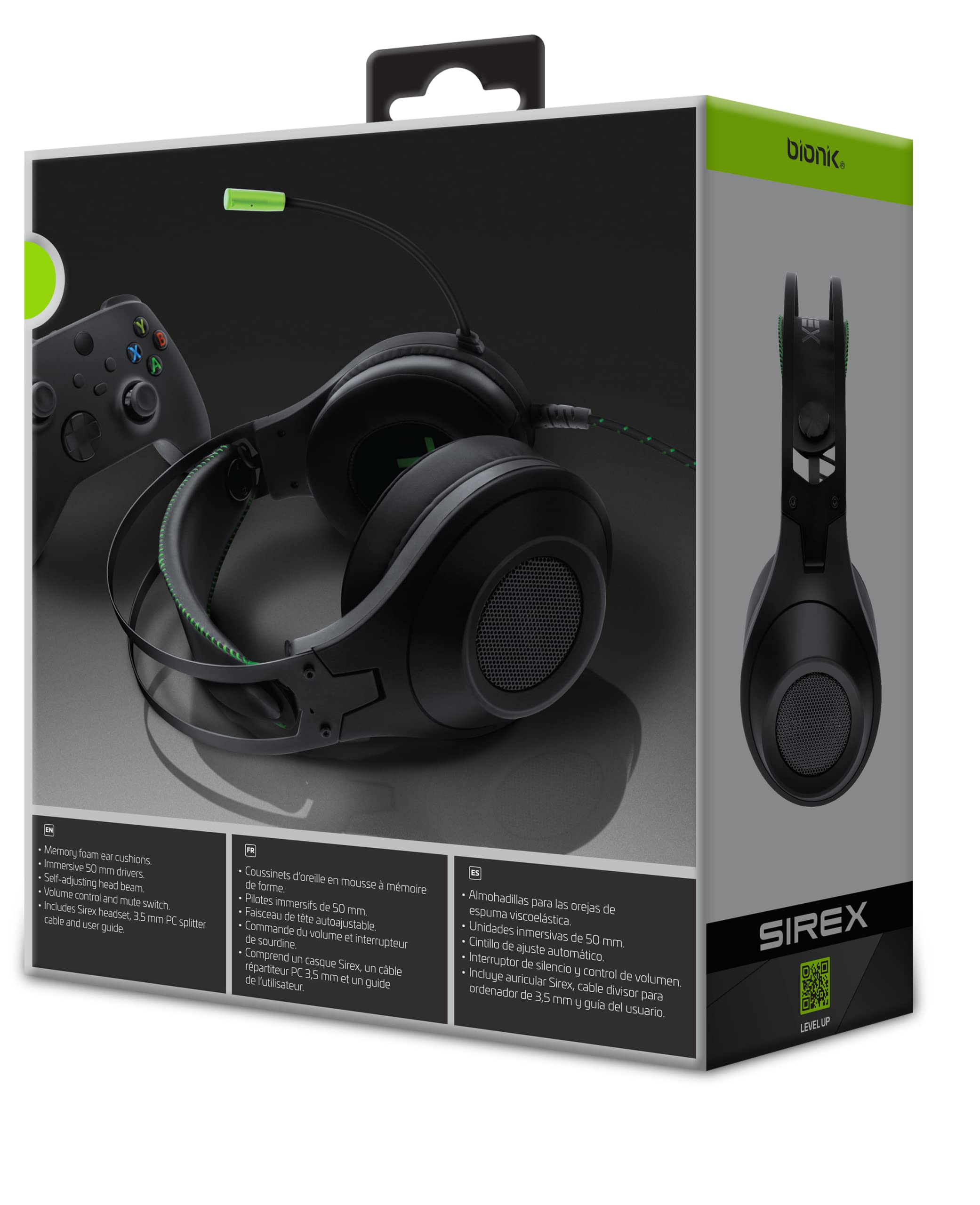 Bionik Sirex zestaw słuchawkowy do gier z mikrofonem do Xbox Series XS: sterowniki 50 mm, pianka pamięciowa, przełącznik wyciszenia, regulowana wiązka czołowa, Xbox One / PS5 / Nintendo Switch