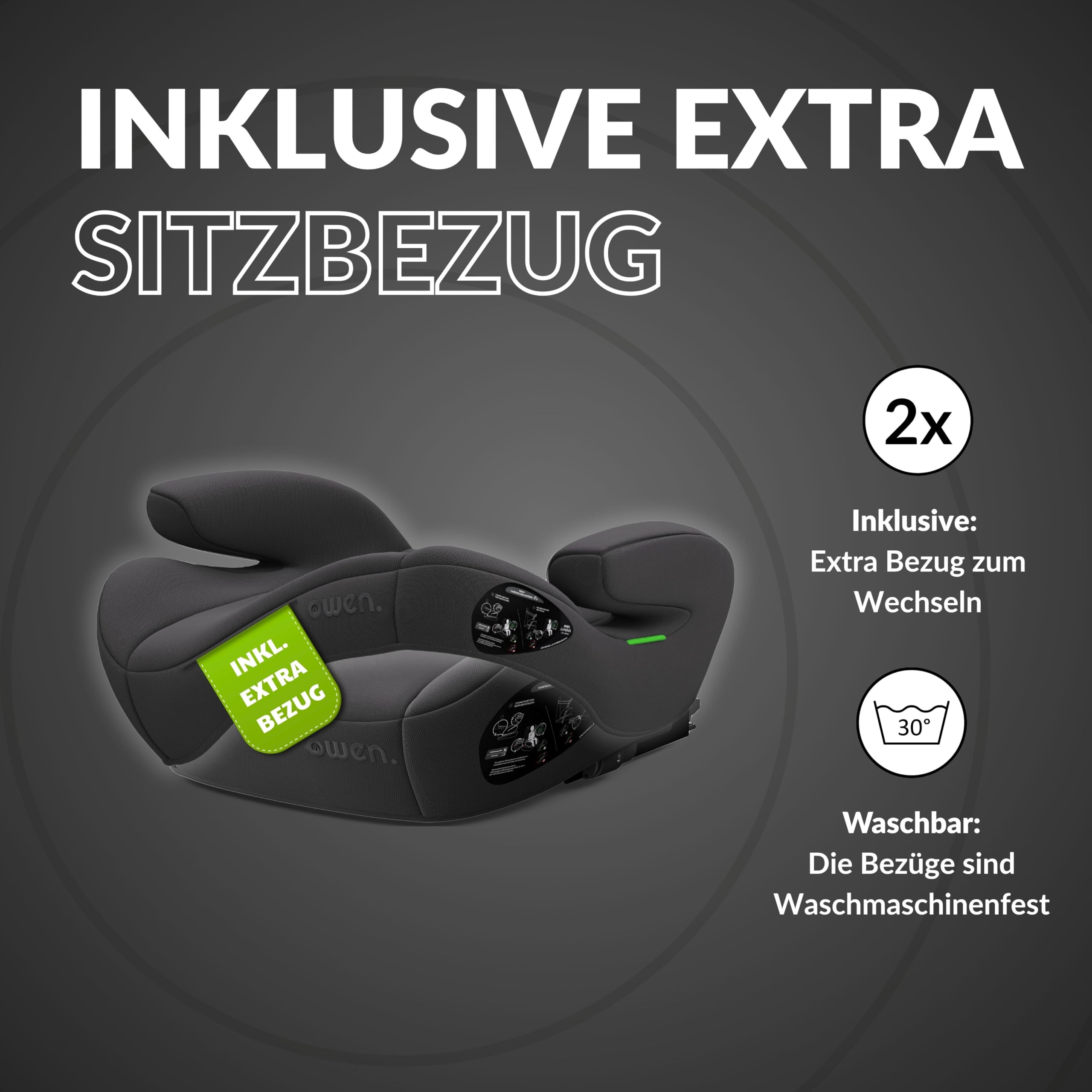 OWEN Sitzerhöhung Auto ISOFIX Kindersitz Memory-Schaum Wechselbezug 15–36 kg 6–12 Jahre ECE R129 geprüft ergonomisch leicht Bezug waschbar schwarz