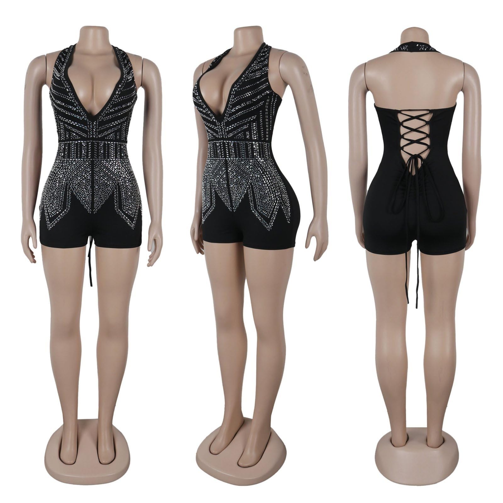 Damski pajacyk bez rękawów Rhinestone Lace Up Deep V Neck Halter Clubwear Body