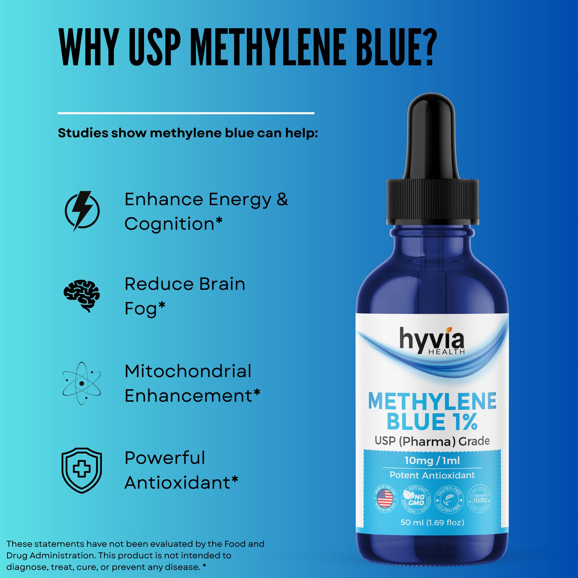 Methylene Blue 1% USP Pharmaceutical Grade For Humans - 99.99% Purity - Third-Party Tested, ISO-Certified, Formaldehyde & Alcohol Free Liquid Drops - 50mL (1.69oz) with Dropper | USA Made