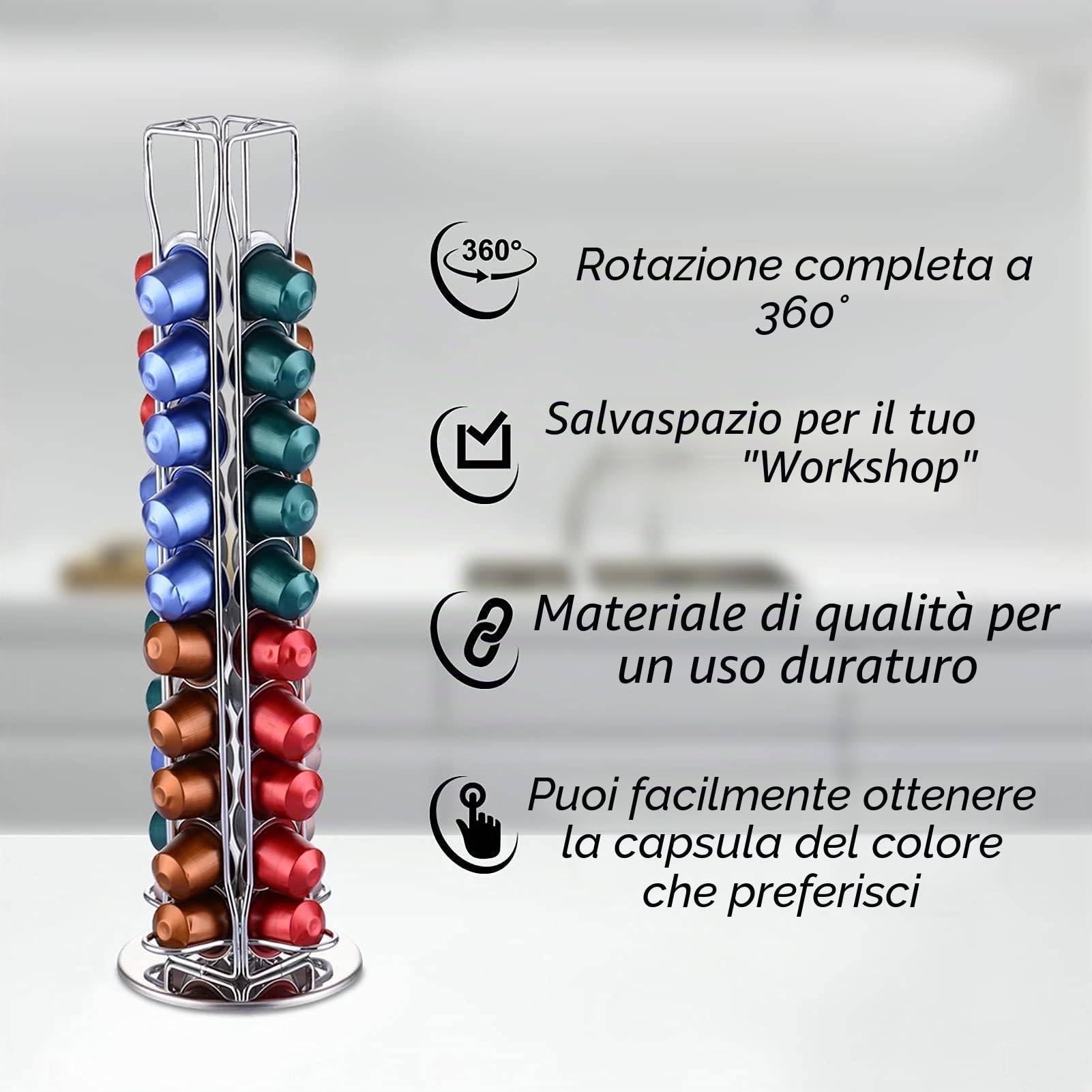 YGJT Porta Capsule Per Nespresso, Porta Cialde Per Nespresso 40 Pezzi Caffè Capsule，Portacapsule Girevoli a 360 Gradi Acciaio Inossidabile, Ufficio & Cucina 11.5x11.5x39cm (Argento Cromato)