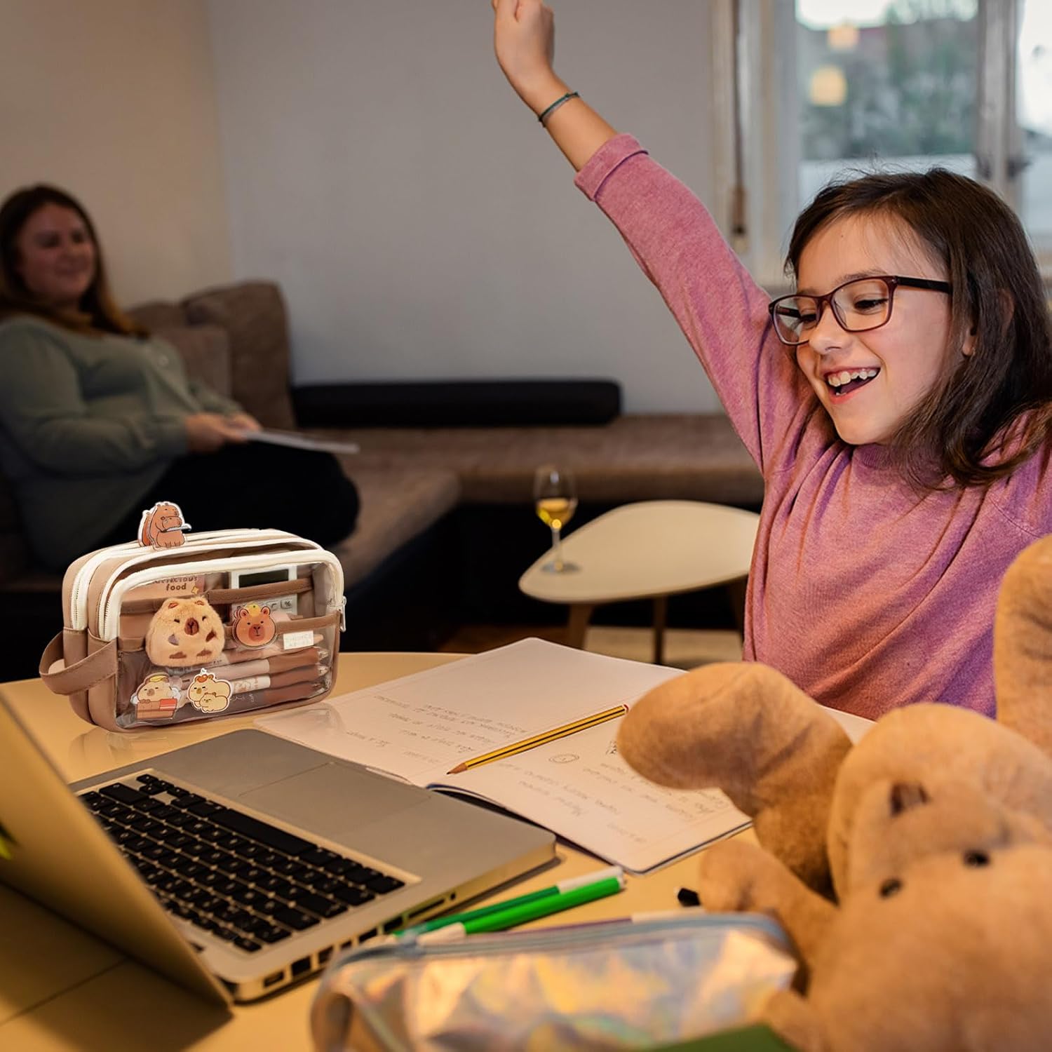 Cute Capybara Pencil Case,Capybara Stationery Comes with 10 Stickers+2 Brooches+Doll*1 Suitable for Storing Stationery 9-Layer Large-Capacity Storage Bag (Brown) - Image 7