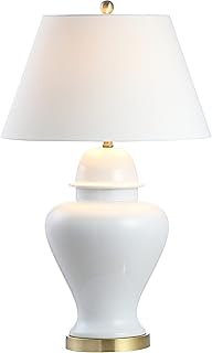 JONATHAN Y Sagwa 33" Modern Ceramic Ginger Jar Living Room Lamp, White | Traditional Bedroom Nightstand Light, Linen Shade, Brass Gold Metal Base, LED Bulb Included