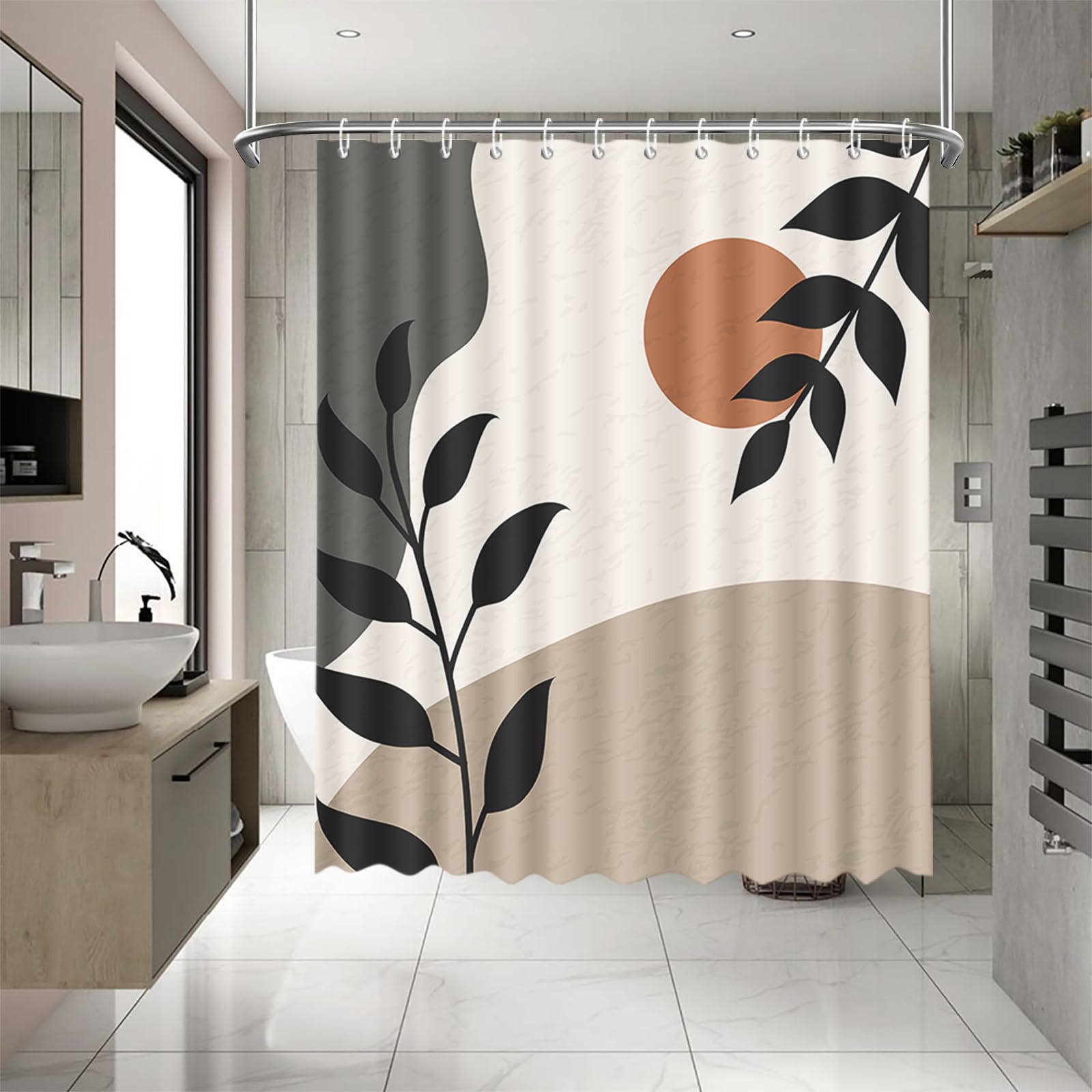 APROPHIC Rideau De Douche Bohème 180x180cm - Motif Feuilles Et Soleil, Lavable En Machine