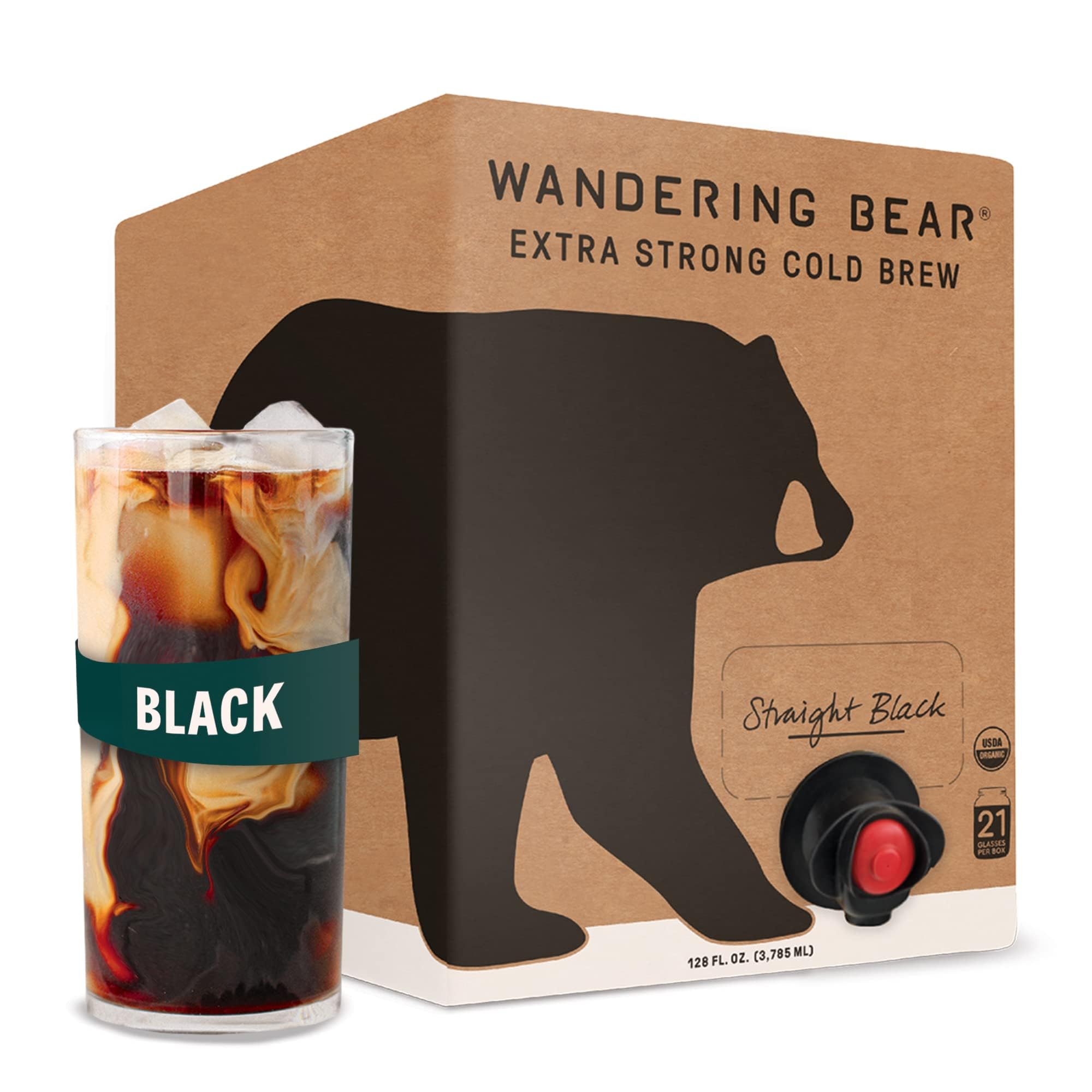 Wandering Bear Straight Black Organic Cold Brew Coffee On Tap, Iced Coffee Drink - Extra Strong, Bold, Smooth, No Sugar Added, Shelf-Stable, Ready to Drink, 100% Organic - 128 fl oz (1 gallon)USDA OrganicFair Trade CertifiedFair Trade CertifiedFair Trade Certified