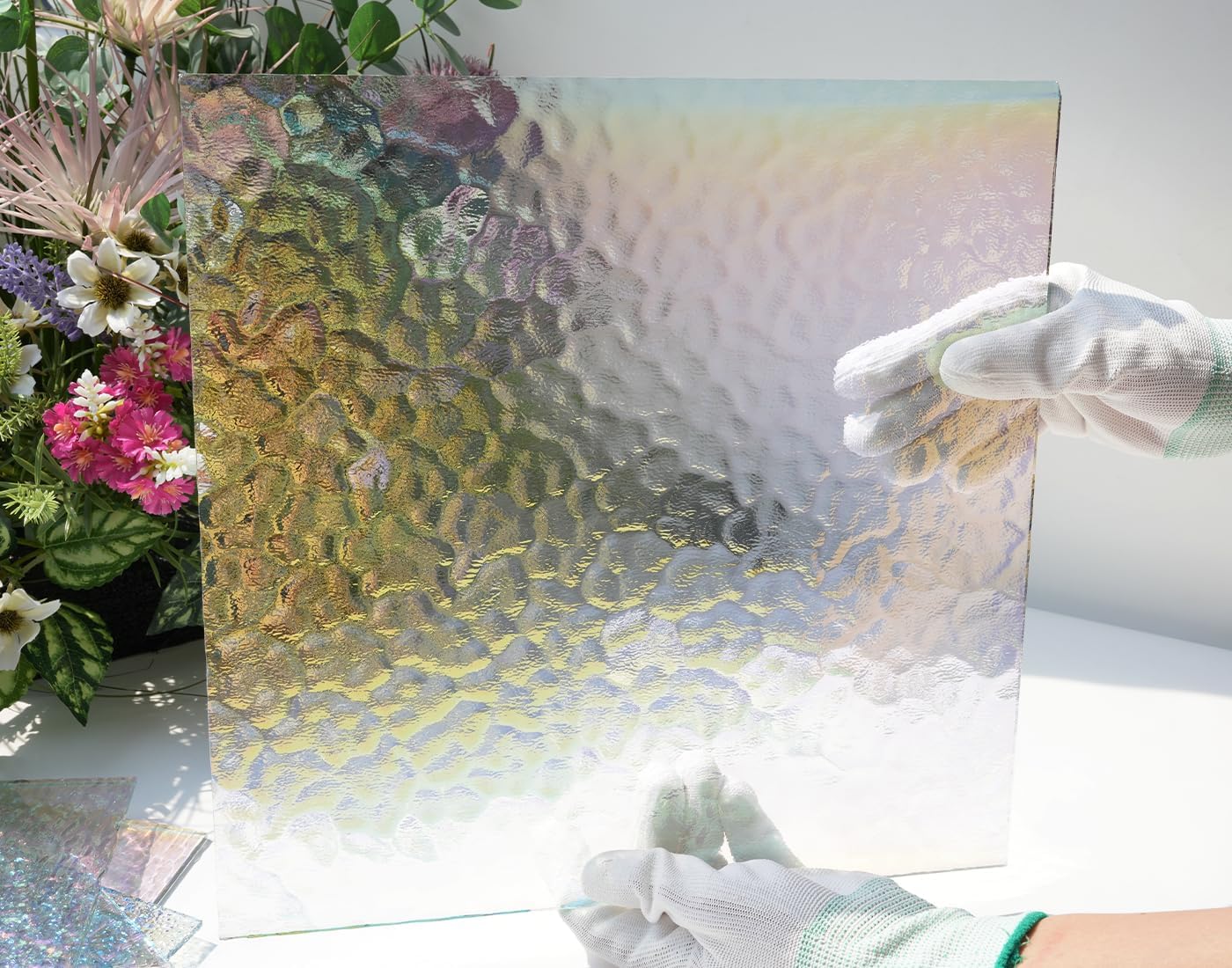 12 x 12 inch Iridescent Transparent Stained Glass Panels, Pack of 6 Textured Cathedral Glass Panels, Clear Glass Panels for Mosaic Art