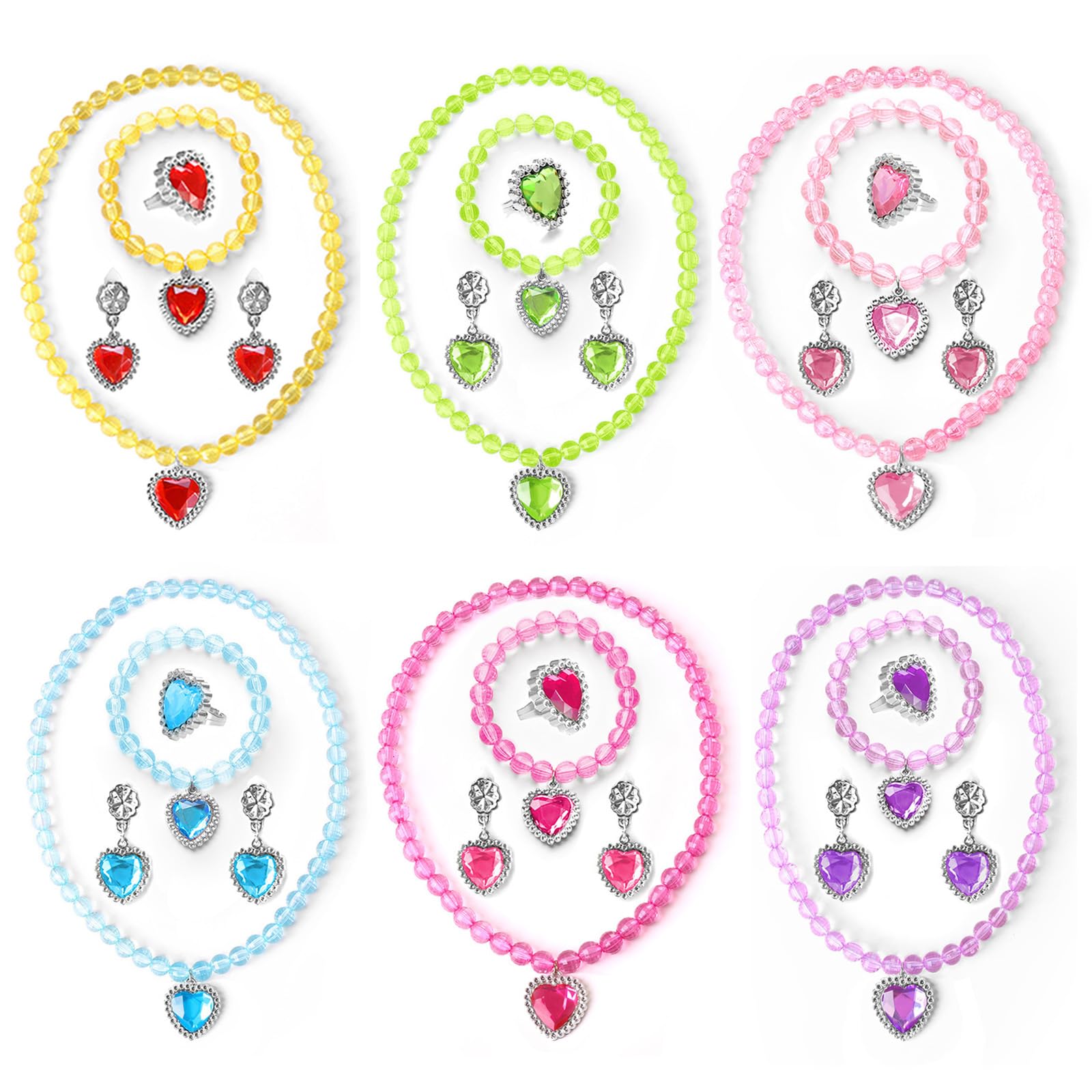 BPTZYLN 6 Set Princess Jewelry Dress Up, Kids Jewellery Sets for Girls, Princess Necklace Bracelet Girls Jewellery Set for Birthday Party Favors Cosplay Costume Jewelry