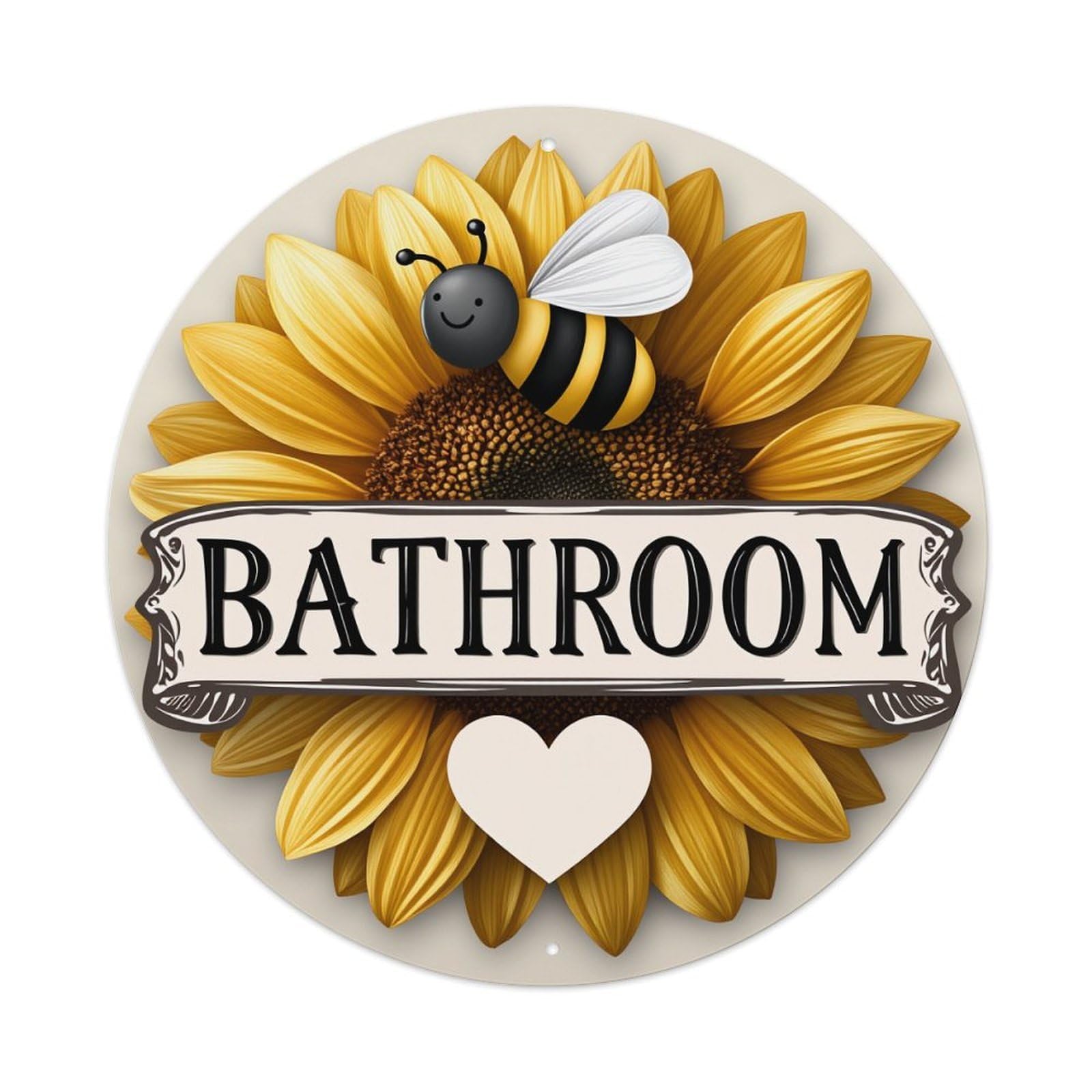 Sunflower Bee Heart Sign Bathroom Round Tin Sign Retro Metal Sign for Cafe Bar Pub Home Game Room Gym Club Wall Decoration Vintage Metal Poster 8x8 Inch