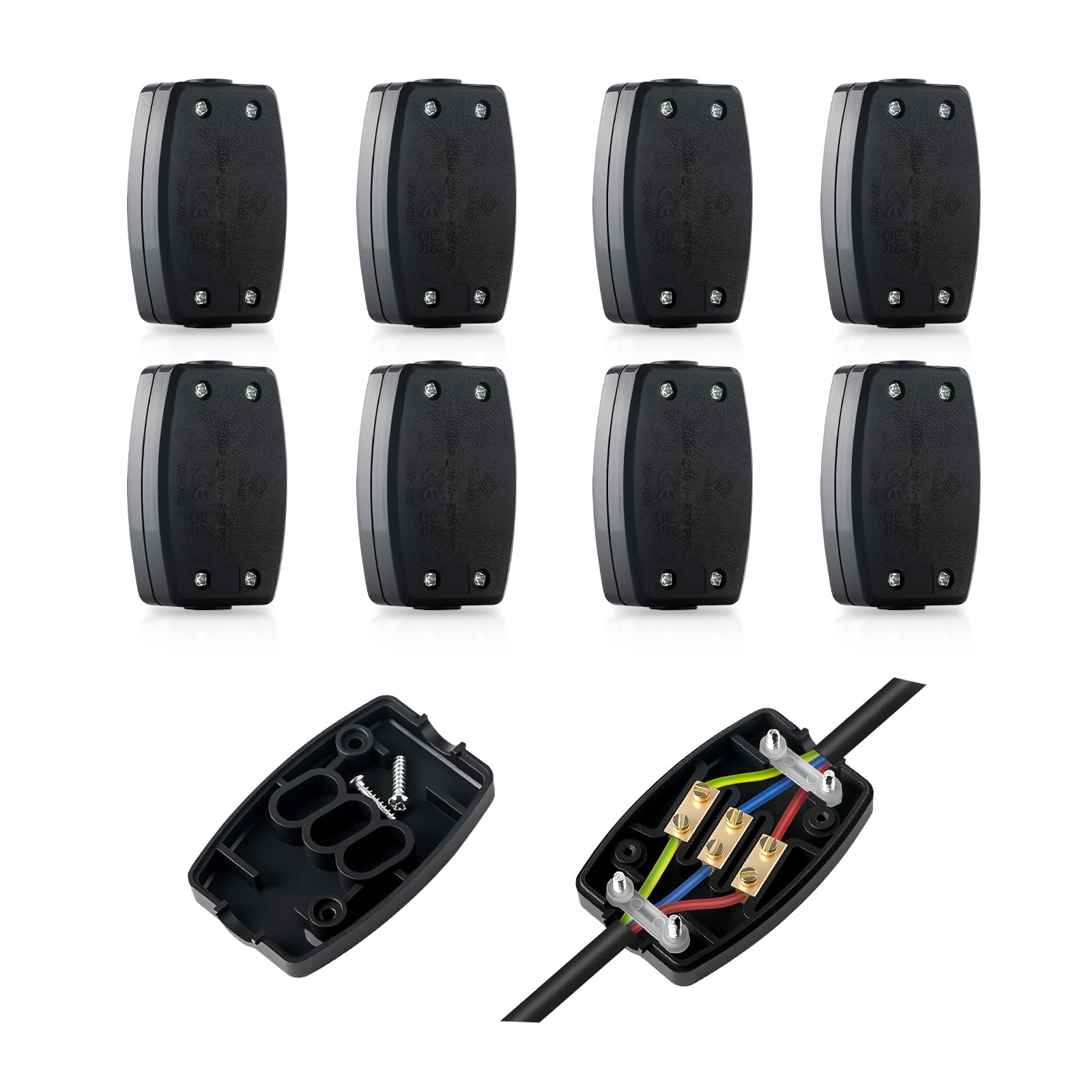 8 Pcs 3 Terminal Electrical Junction Box 13A 250V Flex Connector For Indoor Lighting Power supply (Black）