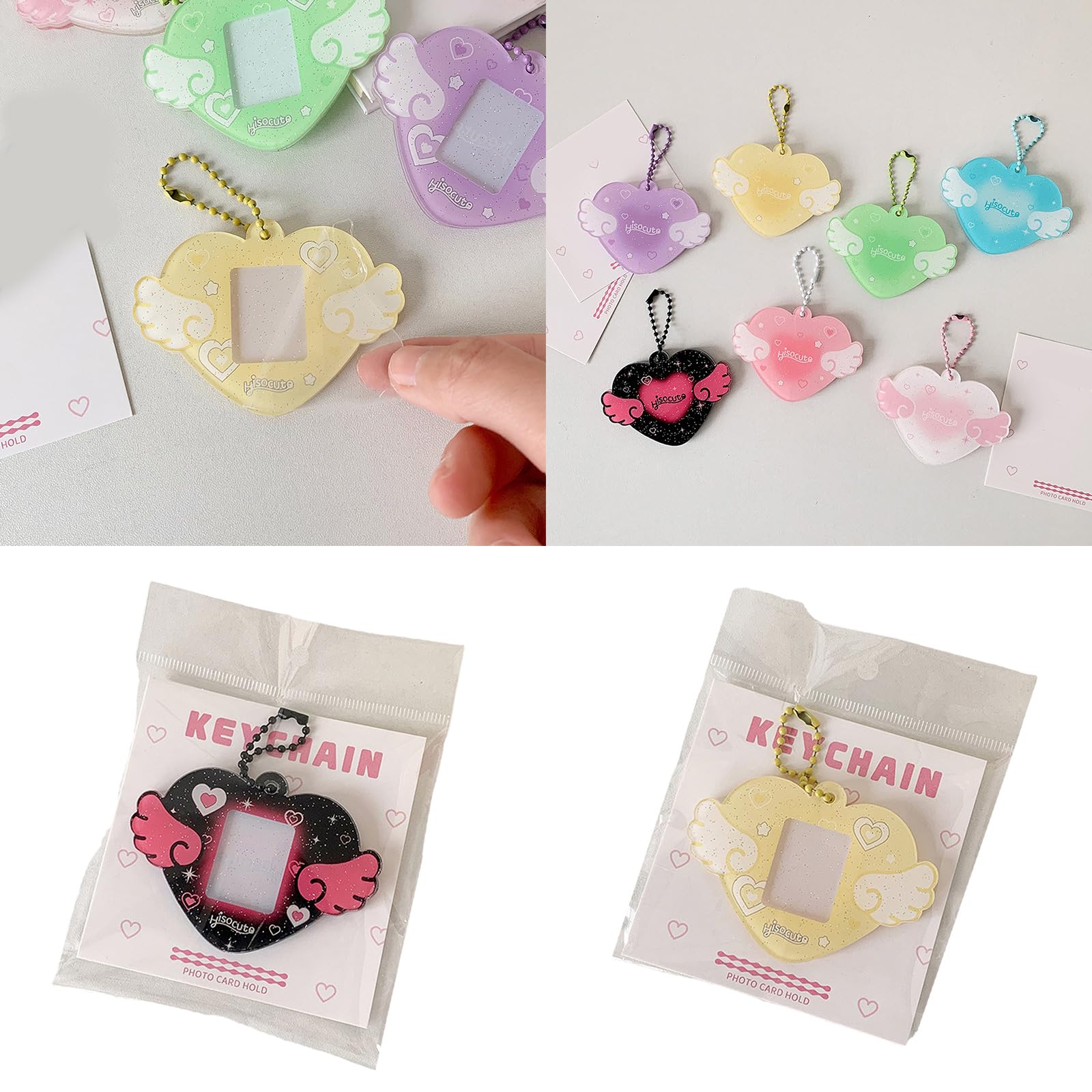 Montesy Portable 1 Inch Photo Holders Photocard Holders with Keychain Heart Wing Hard Card Folder for Students Office Workers