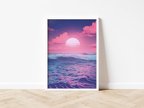 Miniatura 2 de VAPORWAVE, SYNTHWAVE, RETRO Home Art, Póster de sala de juegos, Hiroshi Nagai, Ondas Ocean Sunset Purple, póster de VAPORWAVE 222