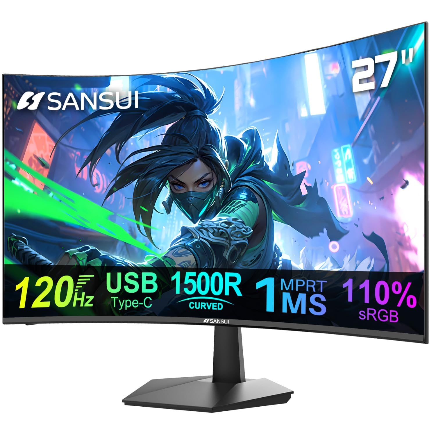 SANSUI Curved Monitor 27 inch 120Hz USB Type-C Computer Monitor | with Speakers Built in丨FHD 1080p丨HDR丨110% sRGB丨1500R丨VESA Compatible,for Tablet,Desk