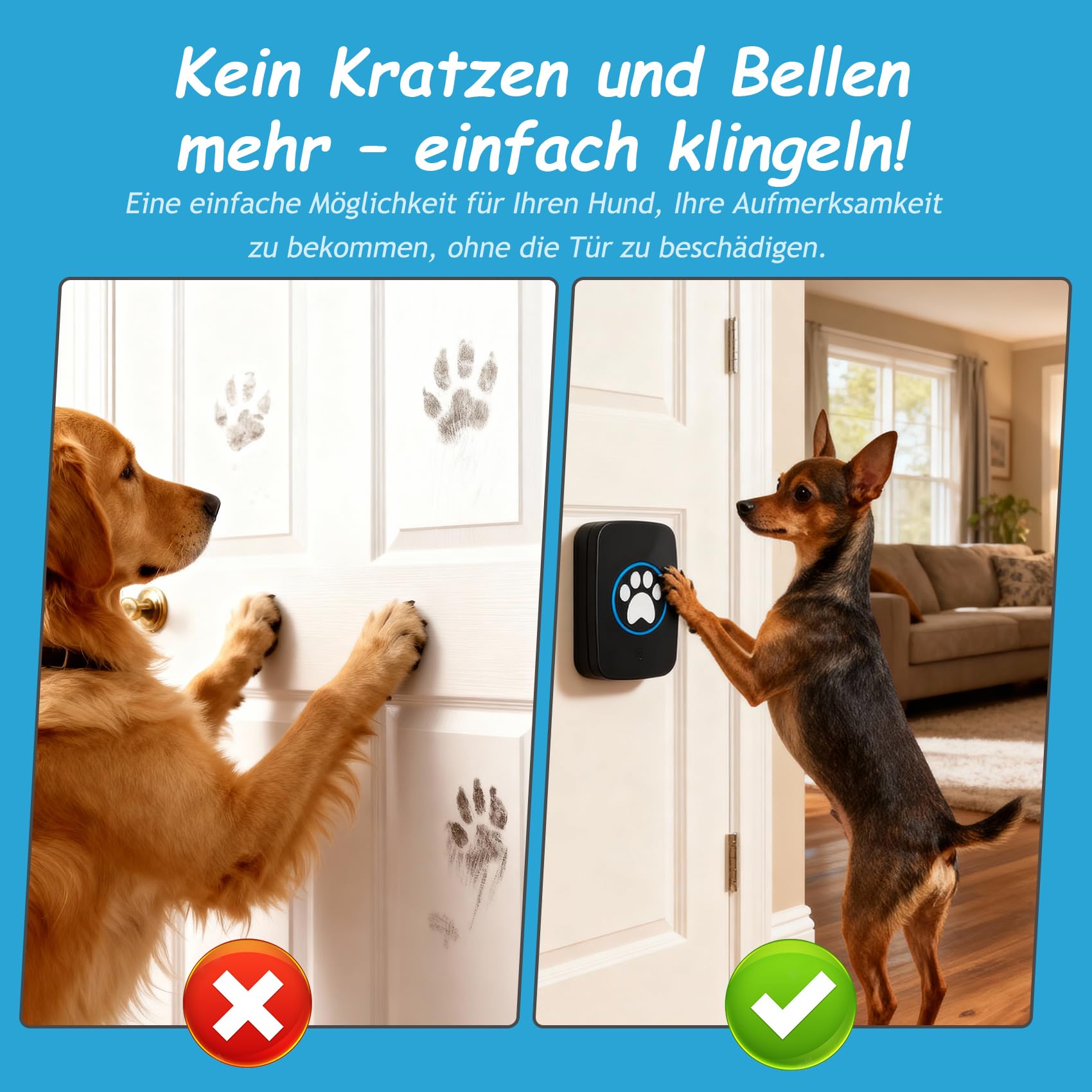 A10 Katzenklingel & Hundeklingel – Kabellose Türklingel, 300 m, LED, 60 Melodien, Wasserdicht, Buzzer Hund, Katzenglocke, Katzen Klingel Tür Außenbereich (1 Klingeltaster + 1 Empfänger)