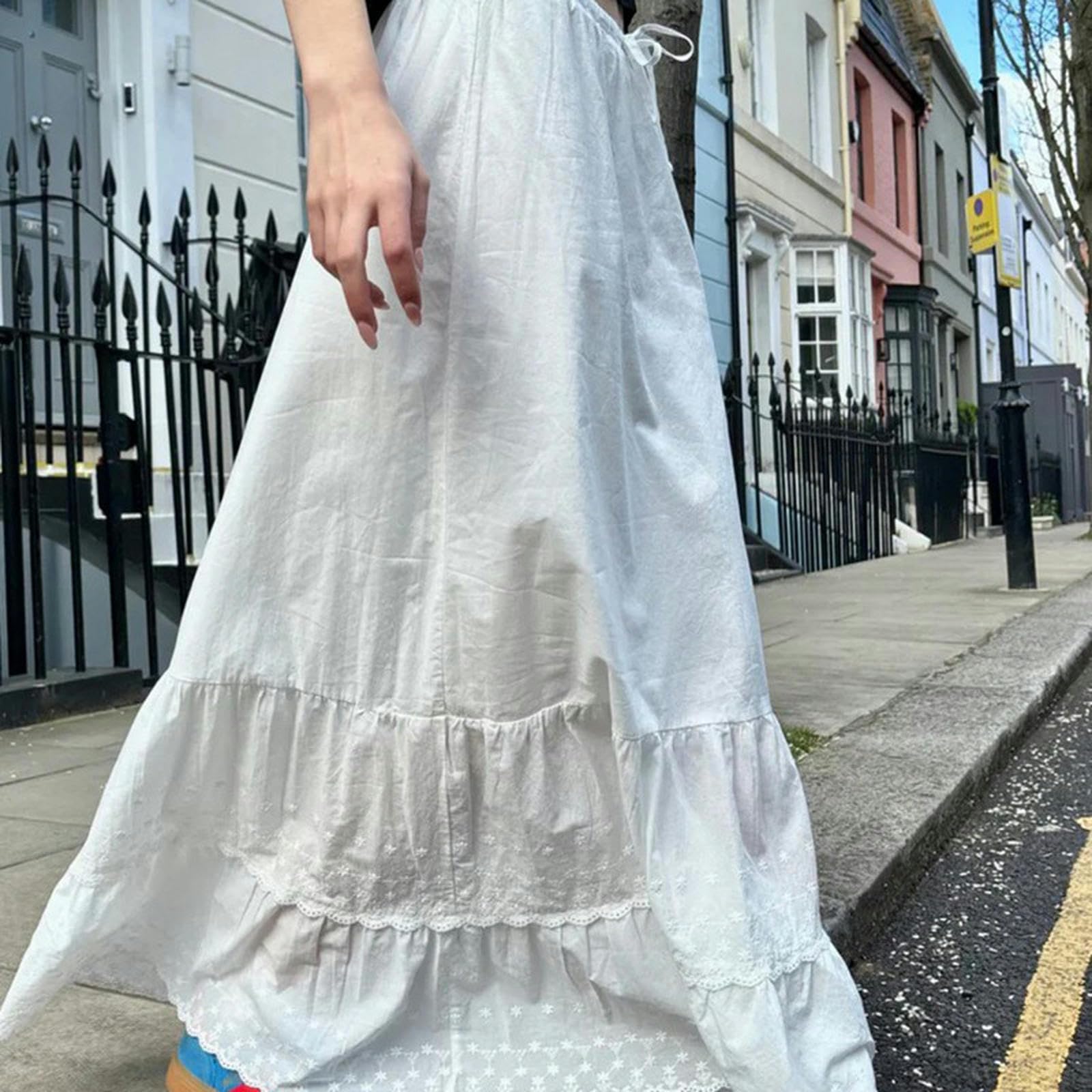 Falda Larga con Cordones Estilo niña Dulce Falda básica Sencilla de Punto-Blanca-M