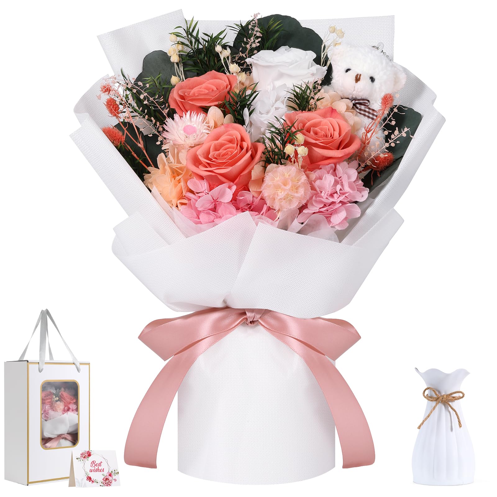 Emibele Flowers for Delivery Prime, Preserved Flowers Bouquets, Eternal Pink and White Roses with Bear, Valentines Mother's Day Birthday Anniversary Graduation Flower Gifts for Her Girlfriend Women