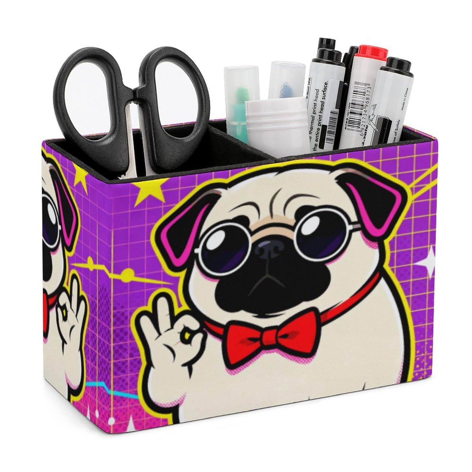 LZQPOEAS Exquisite Patterns PU Leather Pen Holder, Multifunctional Desktop Organizer Caddy with 2 Compartments, Cute Pug Dog Print Pencil Cup Makeup Brush Holder for Office Home