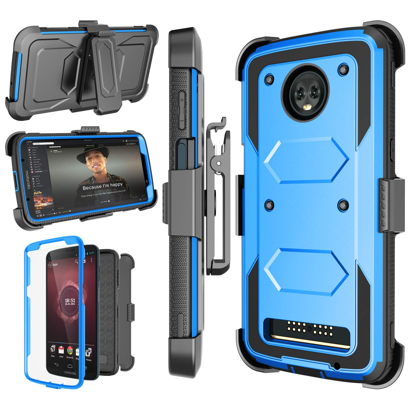 Njjex for Moto Z3 Case, for Motorola Z3 Case/Moto Z3 Play Holster Clip, [Nbeck] Shockproof Heavy Duty Built-in Screen Protector Rugged Locking Swivel Belt Clip Kickstand Hard Shell Cover [Blue]