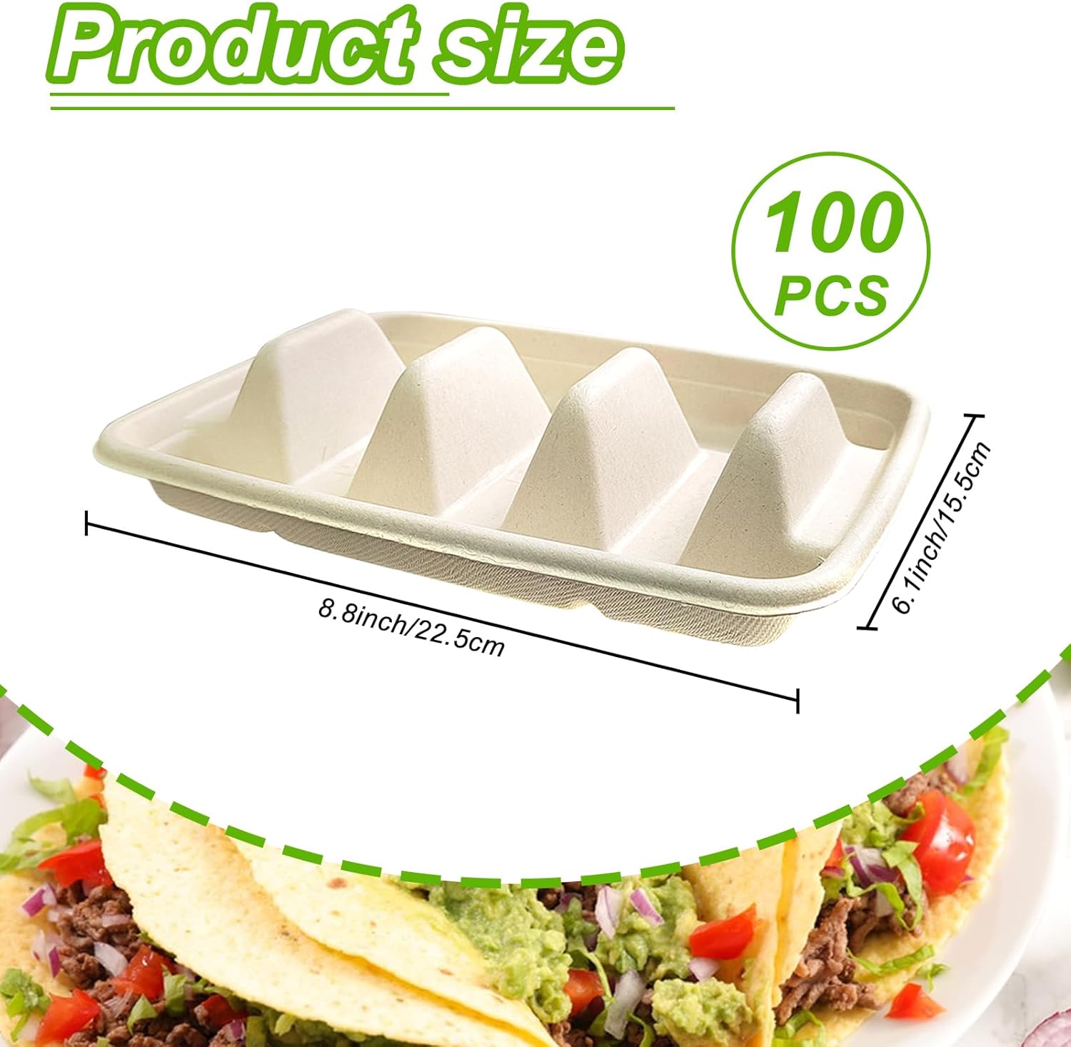 100PCS Disposable Taco Holder for Party，Disposable Taco Plates with 3 Dividers Disposable Taco Holders for Taco Tray Holder, Pulp Fiber Plates Disposable for Taco Tuesday Lazy Susan Taco Bar