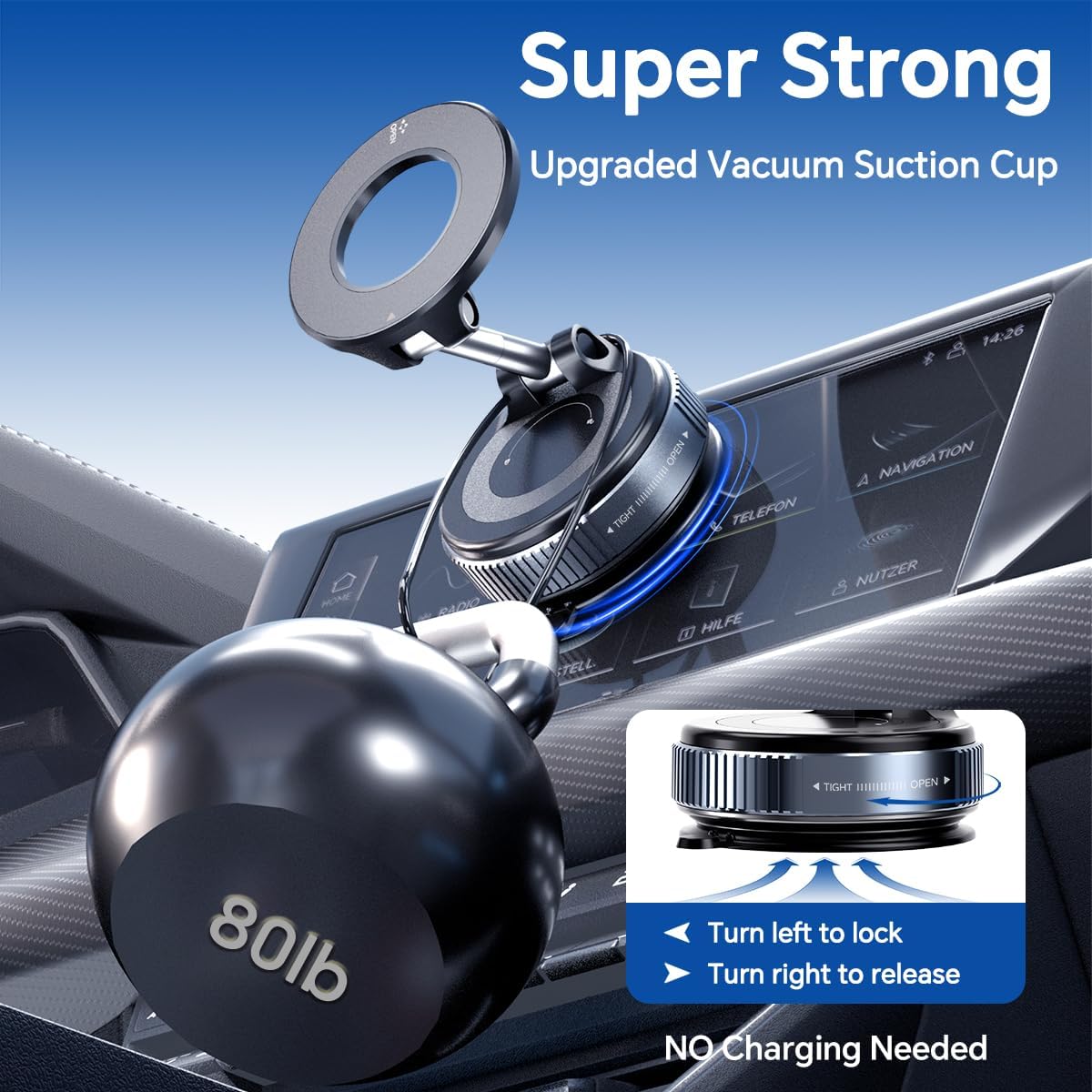 Vacuum Suction Cup Magnetic Phone Holder, Upgraded 360° Adjustable Magnetic Suction Cup Phone Mount for Car/Gym/Mirror/Smooth Surface, for iPhone, Android Smartphones(Black)