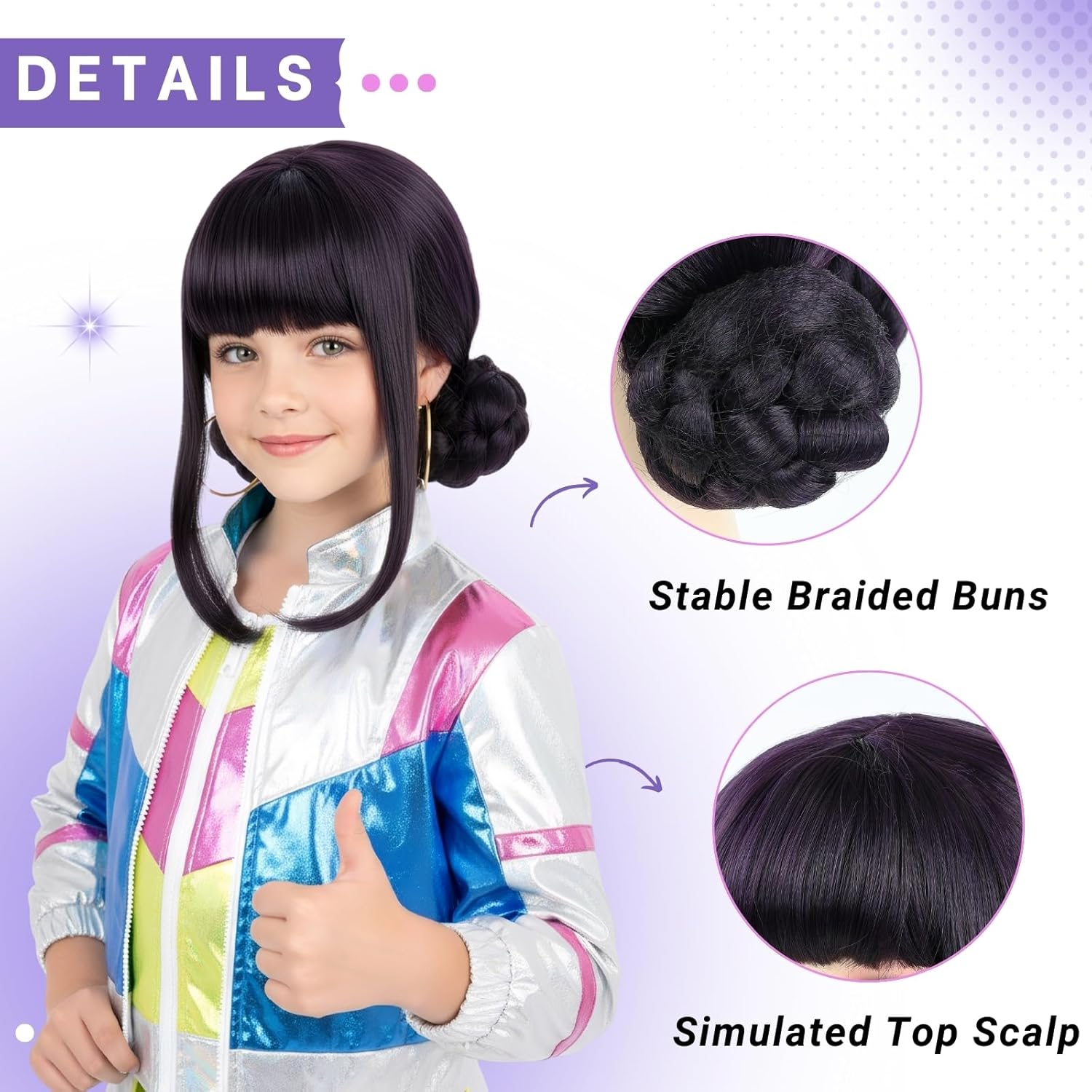 Short Black Puple Wig with Two Buns – High Temperature Heat Resistant Silk Fiber – Natural Looking Costume Wig for Halloween Party, Cosplay (Black Purple, Small Size)