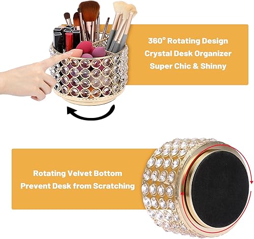 Miniatura 9 de BTSKY Organizador de escritorio giratorio de cristal de 360 grados, caja de almacenamiento decorativa con 4 compartimentos, soporte para brochas de