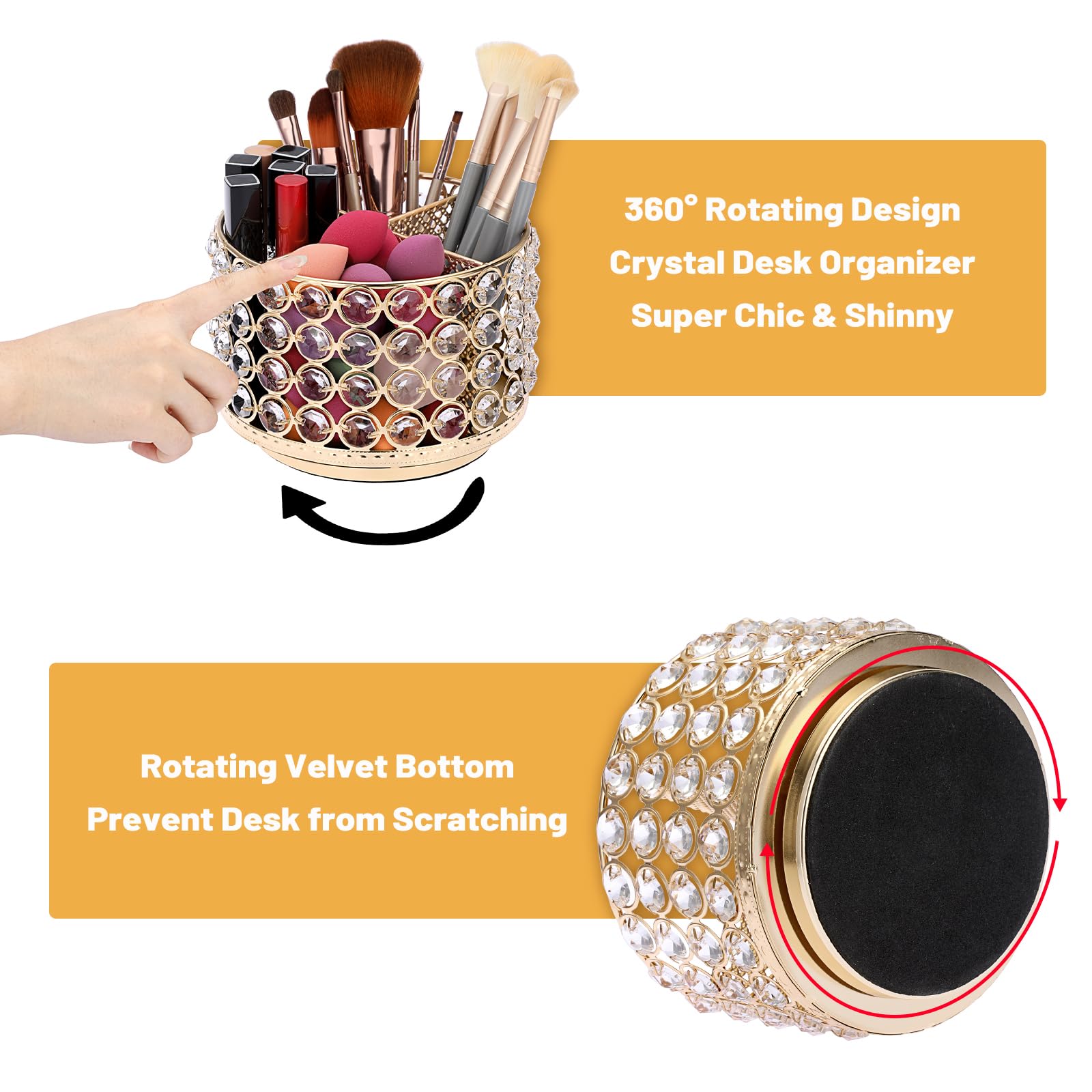 BTSKY Organizador de escritorio giratorio de 360 grados de cristal, para control remoto, brochas de maquillaje, lápices, suministros de arte (dorado)