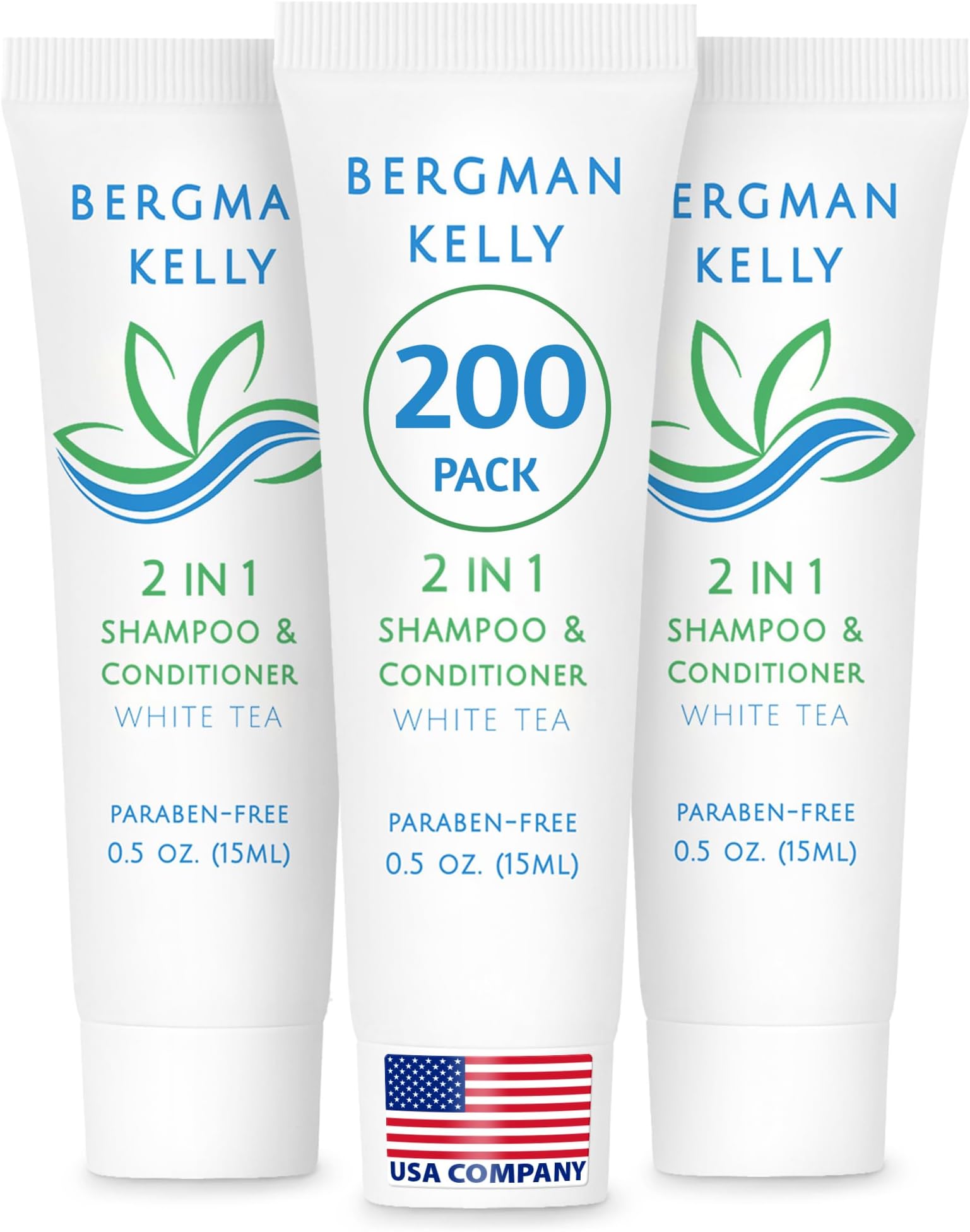 Bergman Kelly - Hotel 2 in 1 Shampoo and Conditioner - 0.5 fl oz, 200 PK, White Tea - Delight Your Guests with Revitalizing and Refreshing Travel Size Shampoo - Quality Mini Hotel Toiletries in Bulk