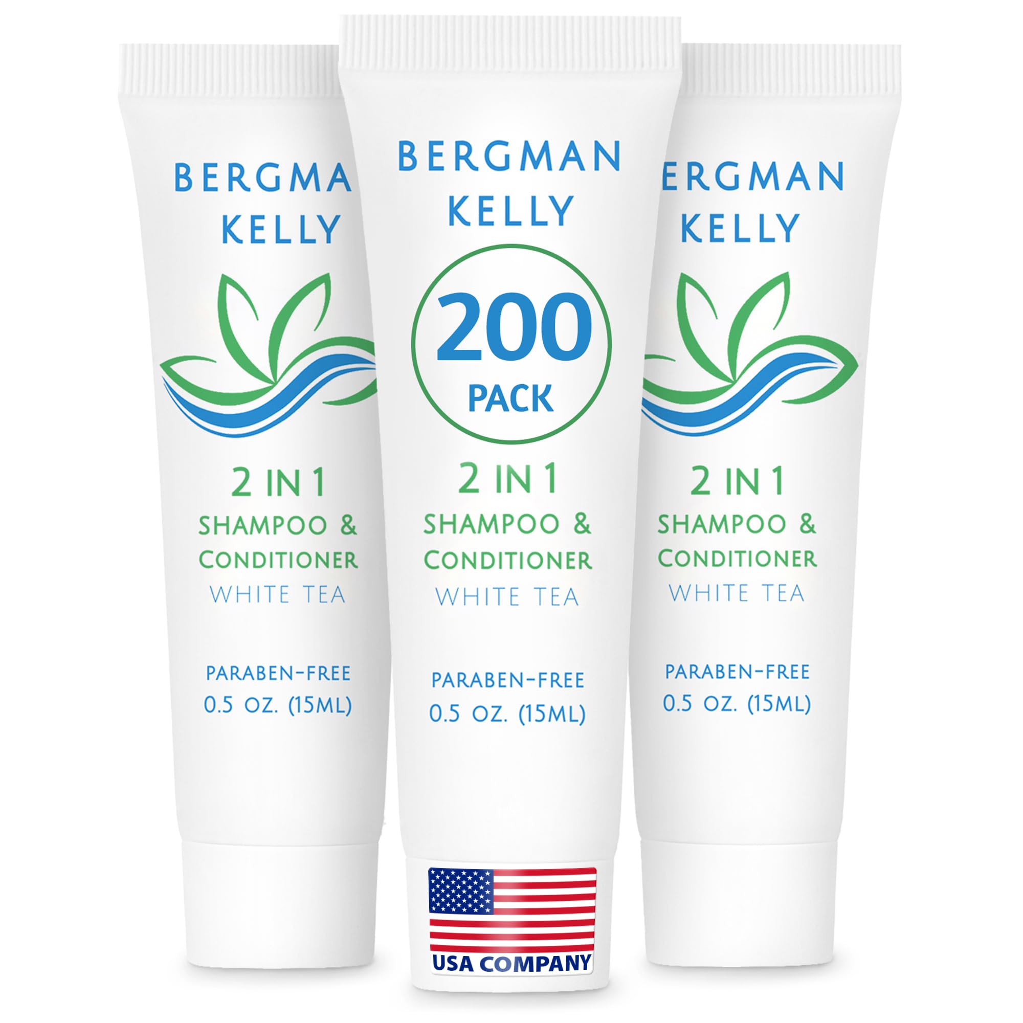 Bergman Kelly - Hotel 2 in 1 Shampoo and Conditioner - 0.5 fl oz, 200 PK, White Tea - Delight Your Guests with Revitalizing and Refreshing Travel Size Shampoo - Quality Mini Hotel Toiletries in Bulk
