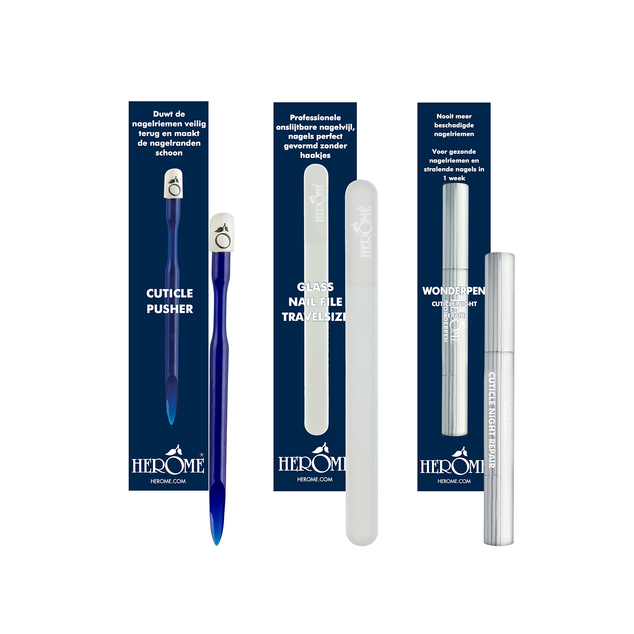Herome Combi-Pack Repousse-Cuticule, Lime à Ongles en Verre Format Voyage & Stylo Magique Pour Cuticules (Cuticle Pusher, Glass Nail File Travel-Size & Cuticle Night Repair (Wonderpen))