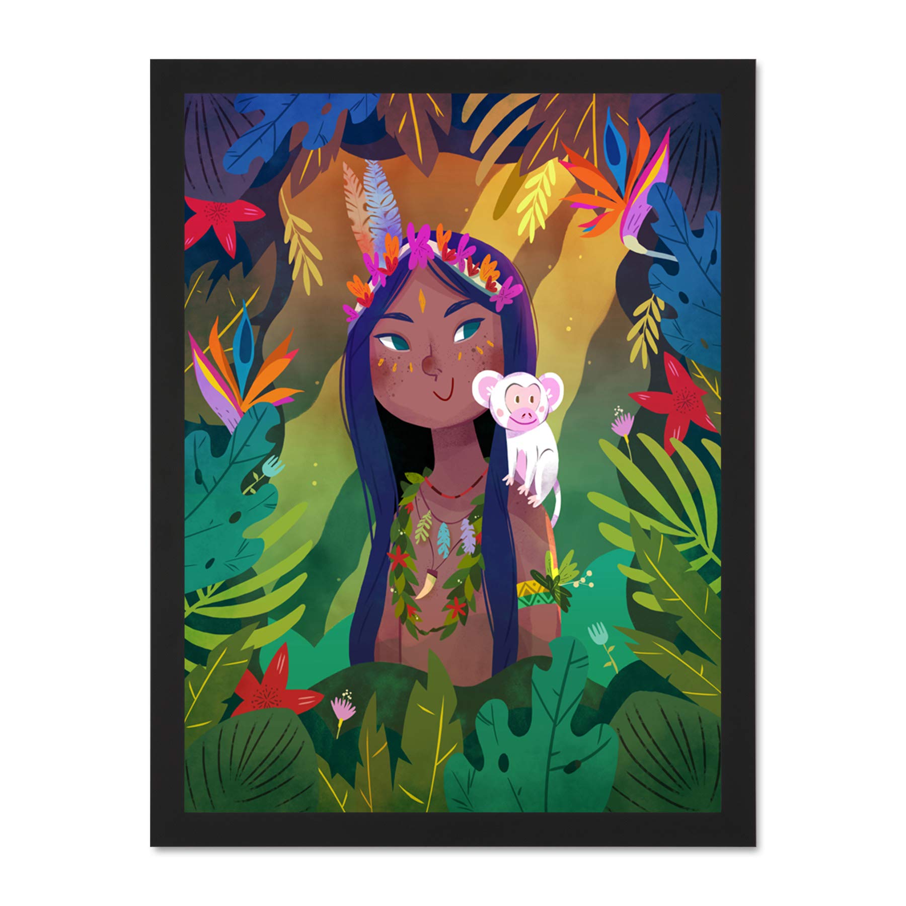 Wee Blue Coo Jungle Girl Flowers Monkey Wall Large Framed Art Print Poster Wall Decor 18x24 inch
