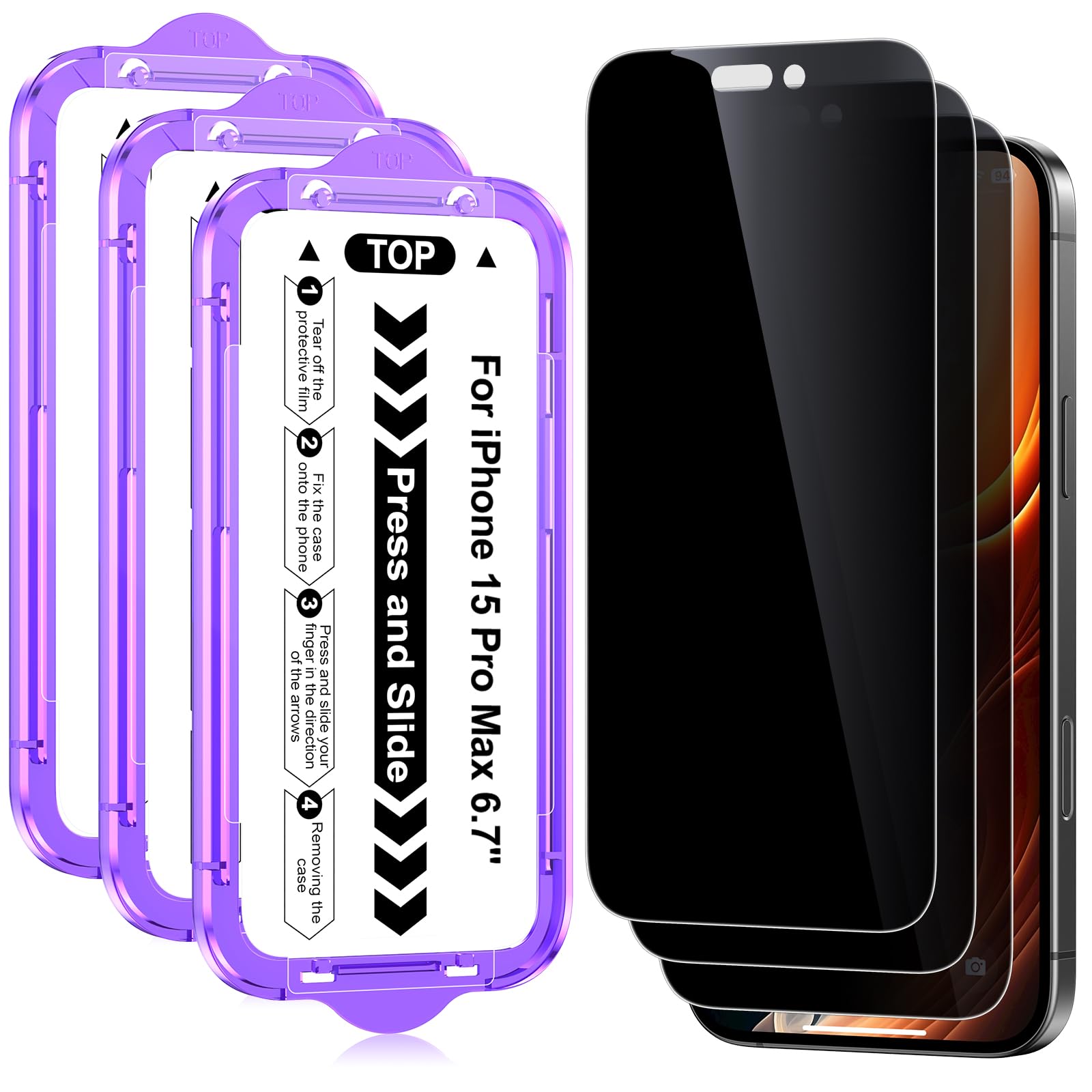 3 Piezas Protector Pantalla para iPhone 15 Pro Max Antiespia, Cristal Vidrio Templado Privacidad 25 Grados con Marco de Instalación Fácil Autoalineación, Dureza 9H, Sin Burbujas, 6,7 Pulgadas