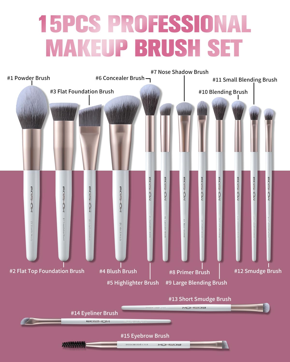 EIGSHOW Makeup Brush Set,15 Piece MUA PRO Series Professional Makeup Brushes with Silver Ion Infused Bristles for Foundation,Powder,Blush,Concealer,Eyeliner-Travel Gift Set(Champagne Gold) - Image 2