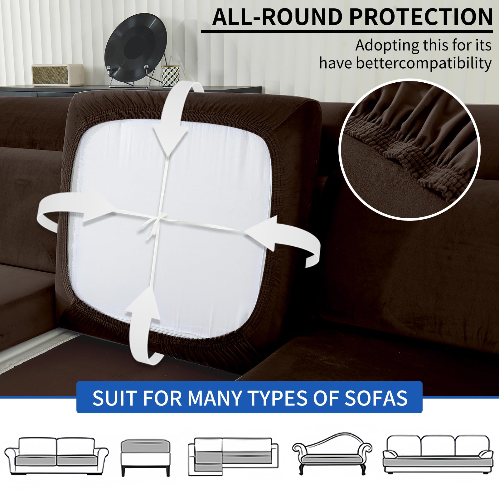 Ystyle Sofa Sitzkissenbezug Stretch, Elastischer Samt Sofa Sitzbezug rutschfest, Universal Sofaschoner Sitzfläche Waschbare, Sofakissen Bezug Sofabezug (1 Sitzer*3+Chaiselongue, Dunkel Kaffee)