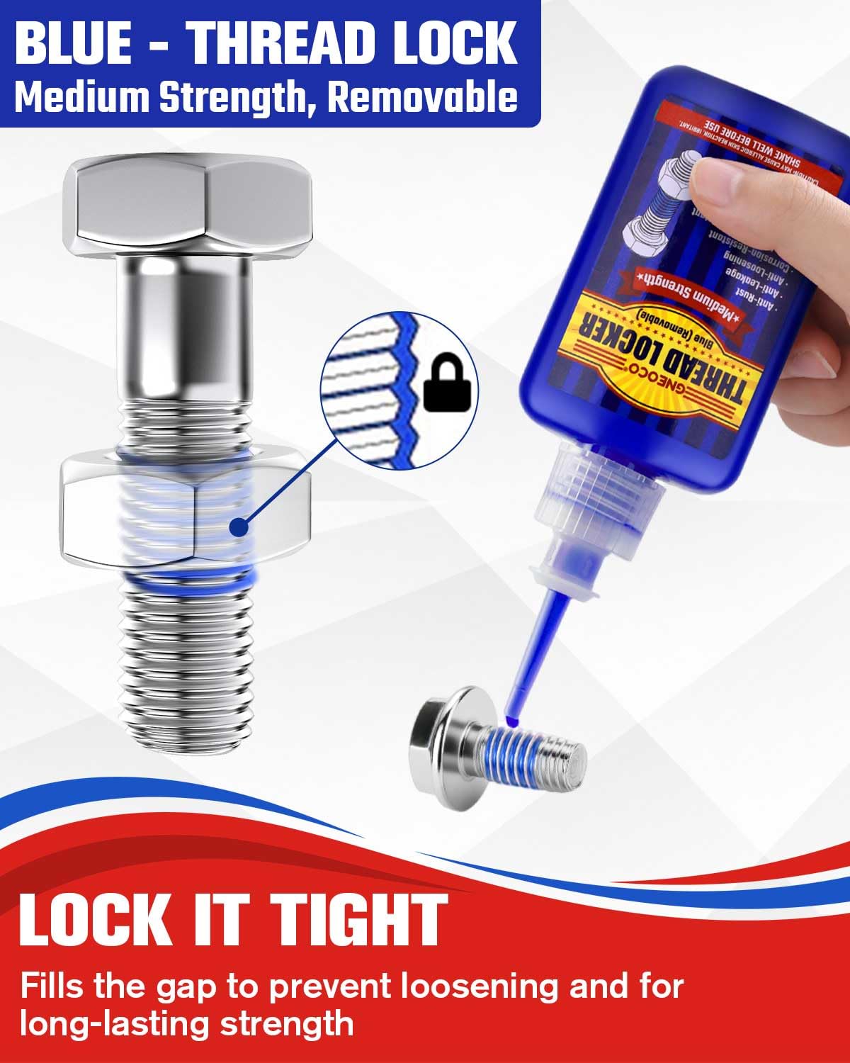 Thread Lock Blue 50 ml x 2, fijador de roscas de resistencia media, bloqueador de roscas para tuercas, pernos, sujetadores y metales, pegamento de tornillo de curado anaeróbico para evitar que