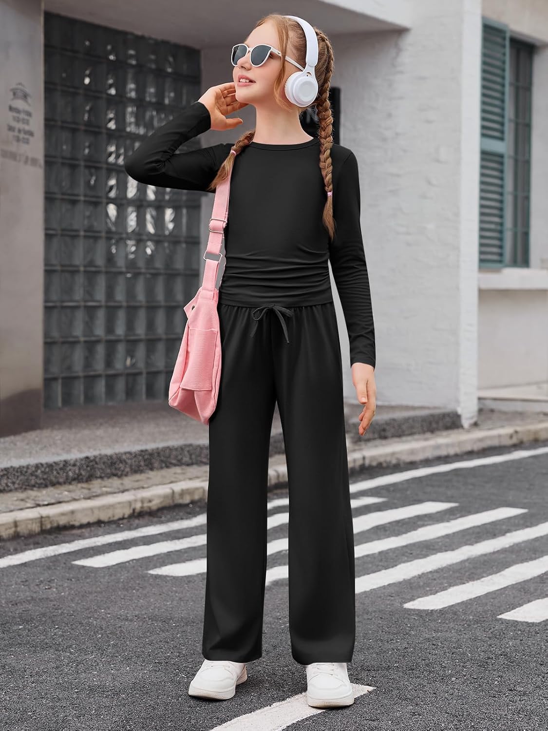 Haloumoning Girls 2 Piece Outfits Kids Ruched Long Sleeve Tops and Wide Leg Pants with Pockets Sweatsuit Clothing Sets - Image 3