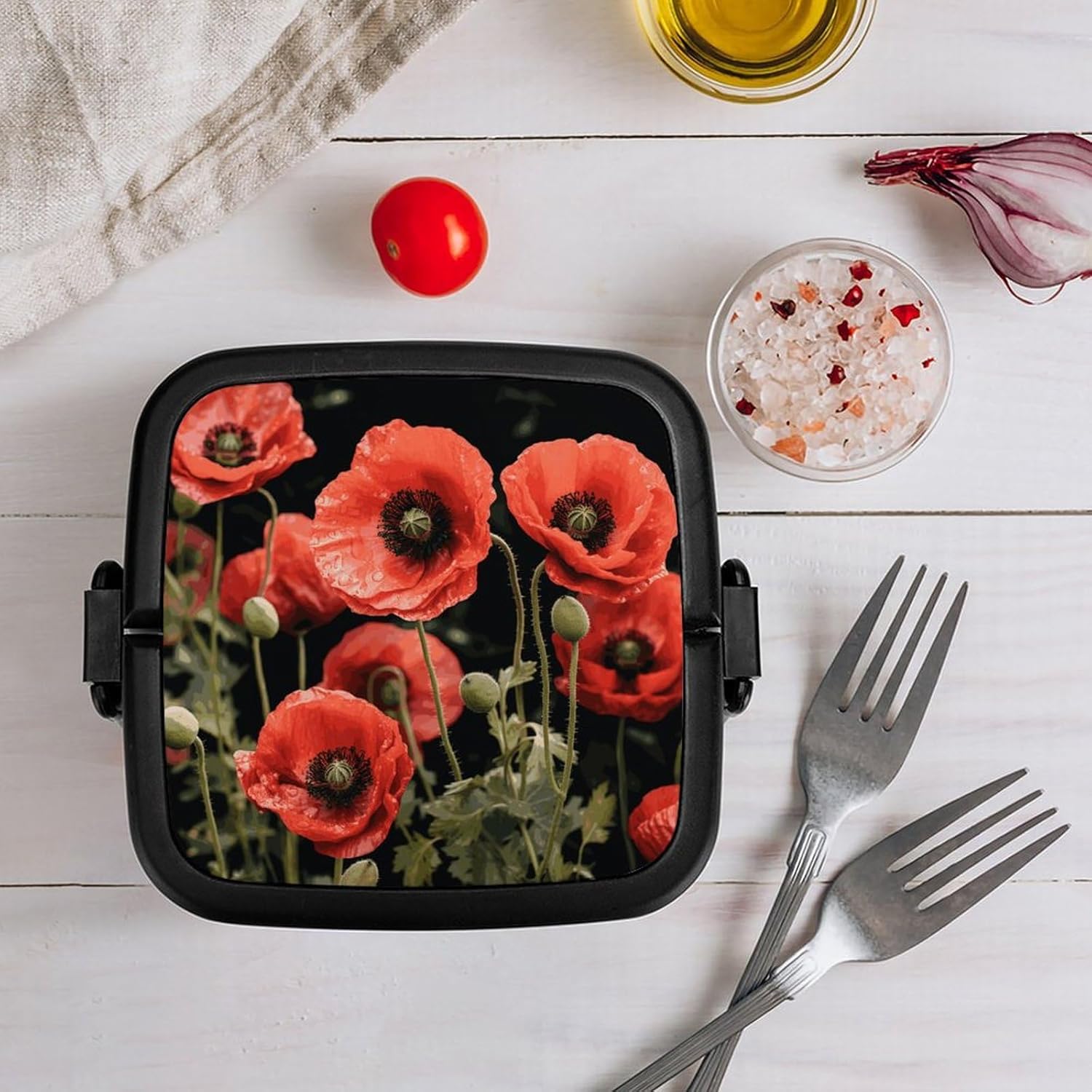 Bento Box with Spoon And Handle Red Poppy Flowers Leaves Printed Stackable Bento Box Portable Bento Lunch Box Container for Work Camping And Travel