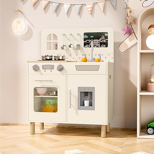 Miniatura 6 de MAMIZO Juego de cocina de madera para niños con luces y sonidos reales, cocina interactiva con sonidos de perilla, fregadero, dispensador de agua, 6