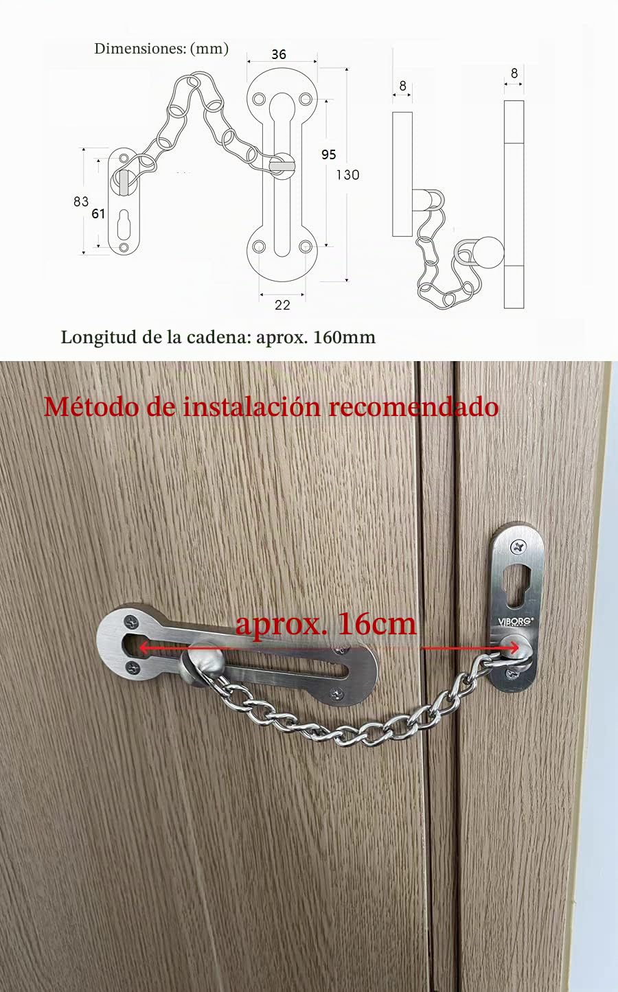 VIBORG Sólido 3mm Acero inoxidable SUS304 extra grueso Cadena para puerta, cadena de seguridad para puertas de entrada