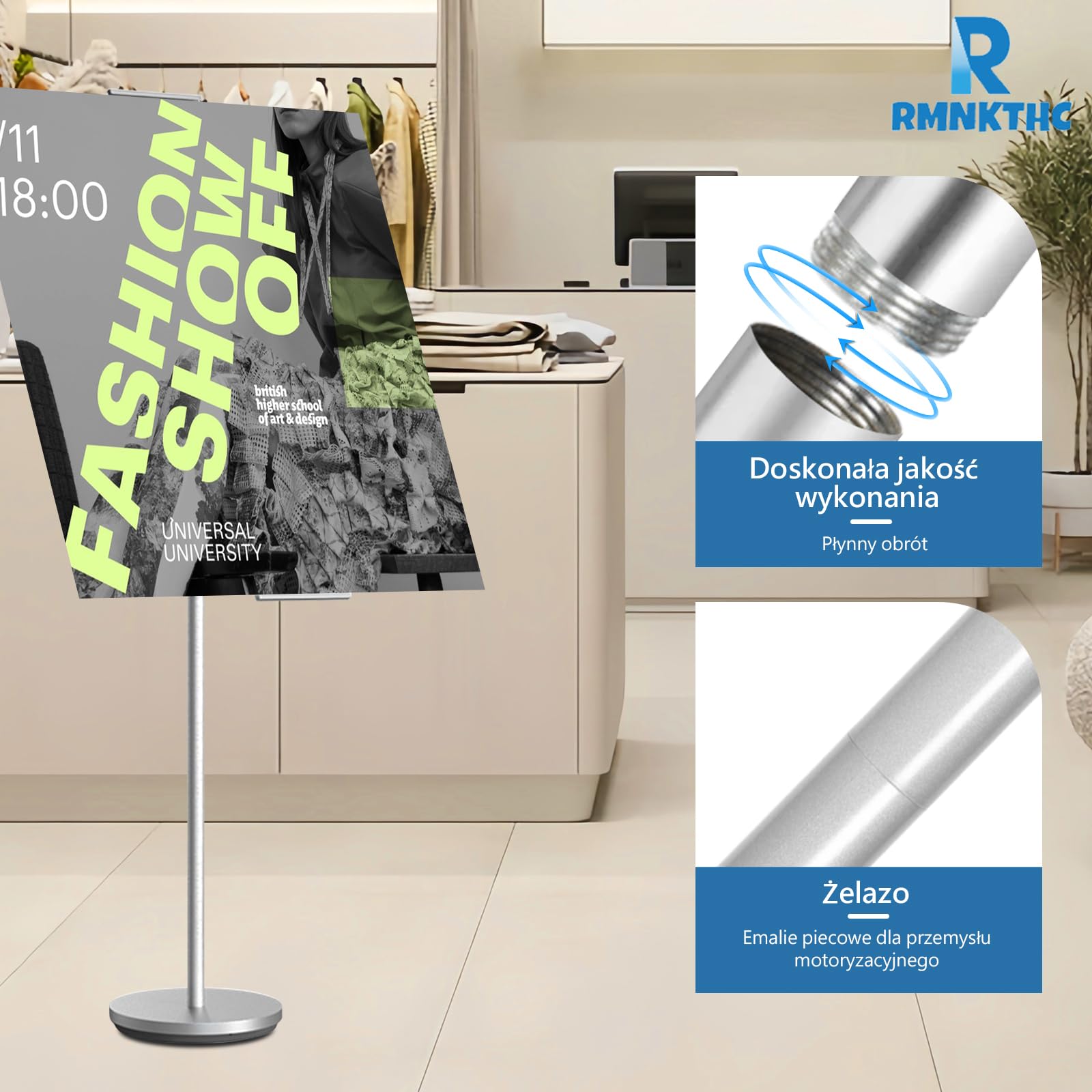 Stojak na plakat, stojak wystawowy, regulacja wysokości 60-100 cm, format pionowy/poziomy + podstawa Ø 28 cm, uchwyt na plakat do sklepów/targów (srebrny)