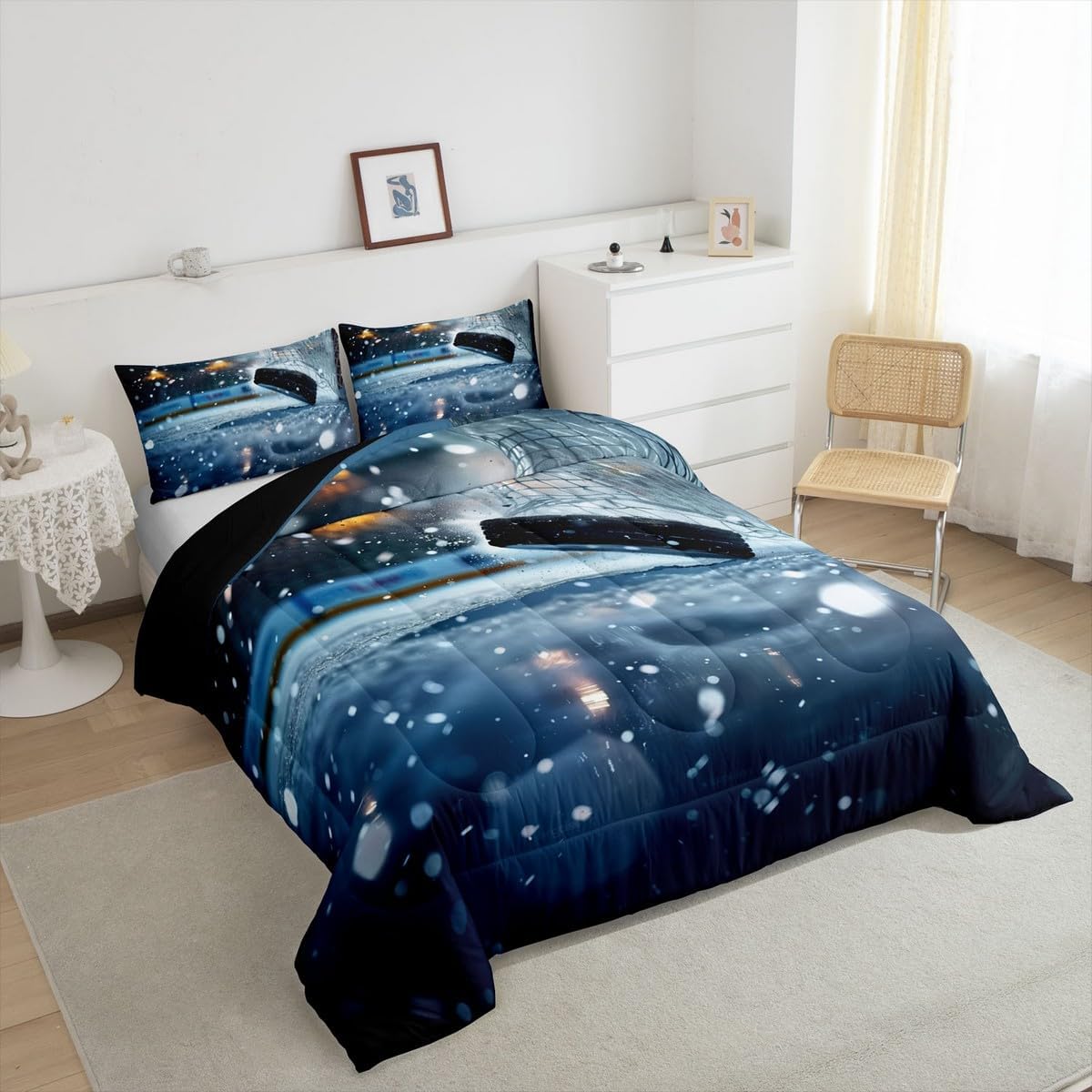 jejeloiu Ice Hockey Bedding Set Toddler Size Kids Sports Games Duvet Quilt for Boys Girls Teens Winter Event Ball Comforter Set Soft Microfiber